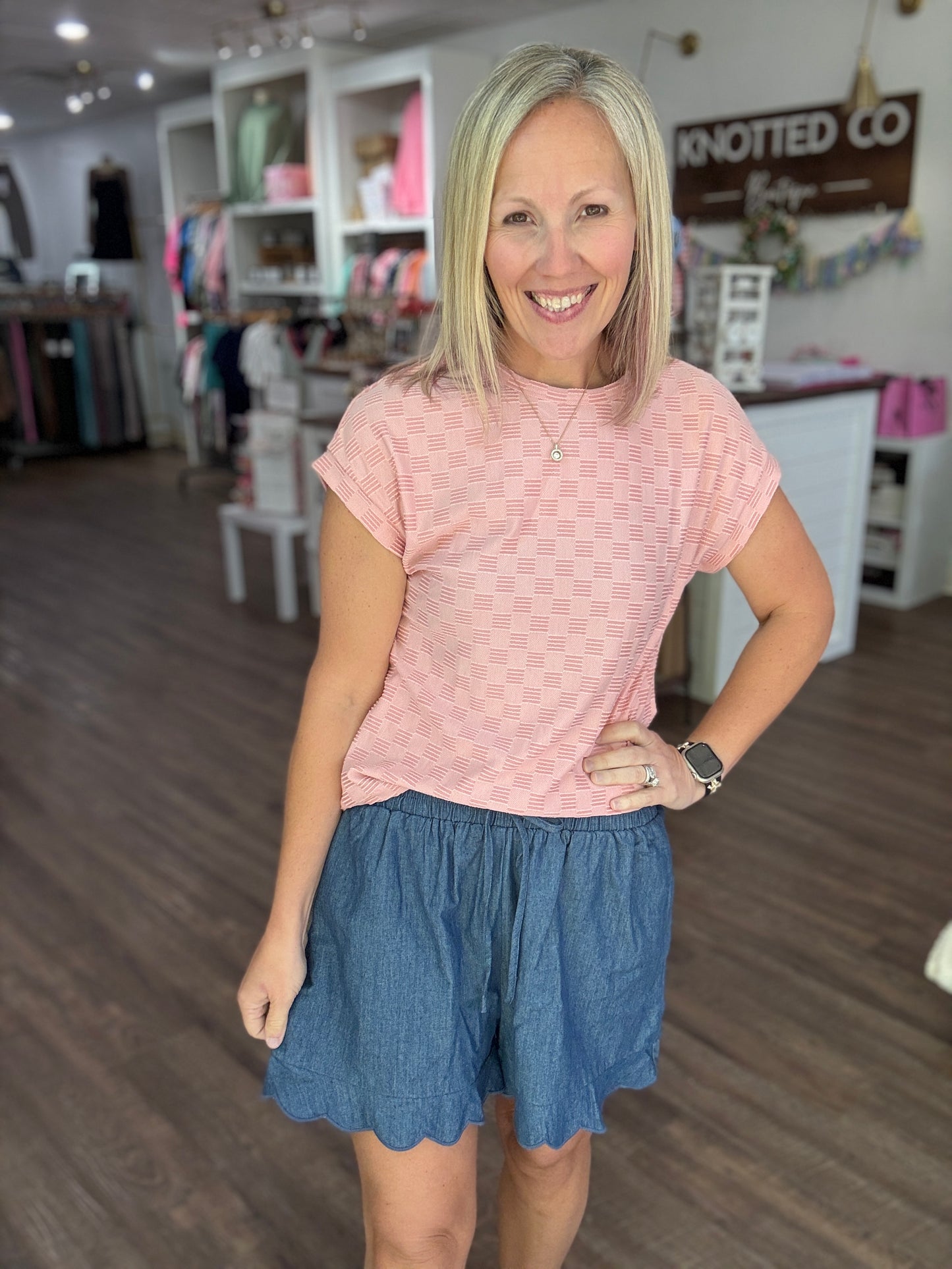 Chambray Scalloped Shorts-Dark