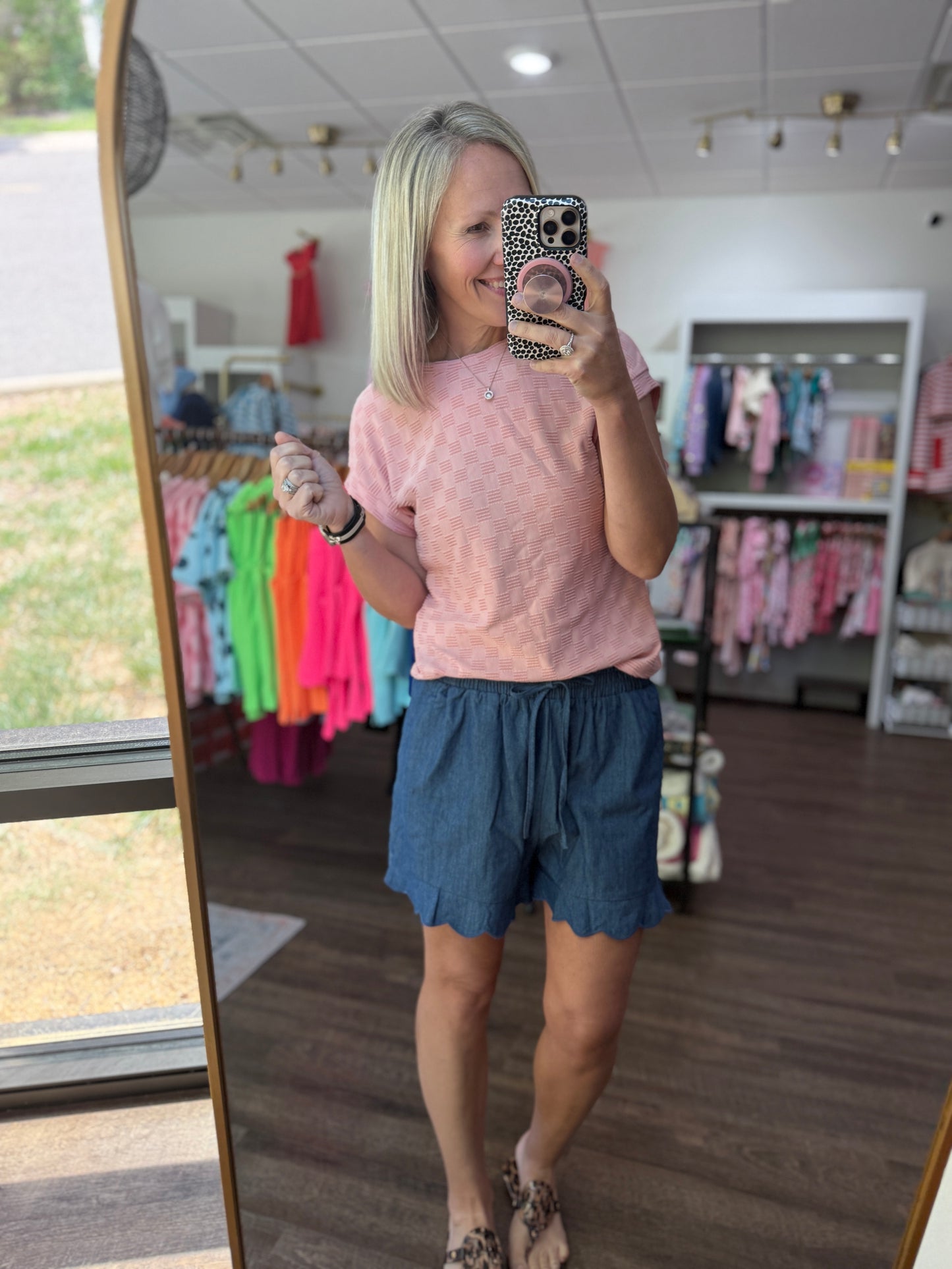 Chambray Scalloped Shorts-Dark