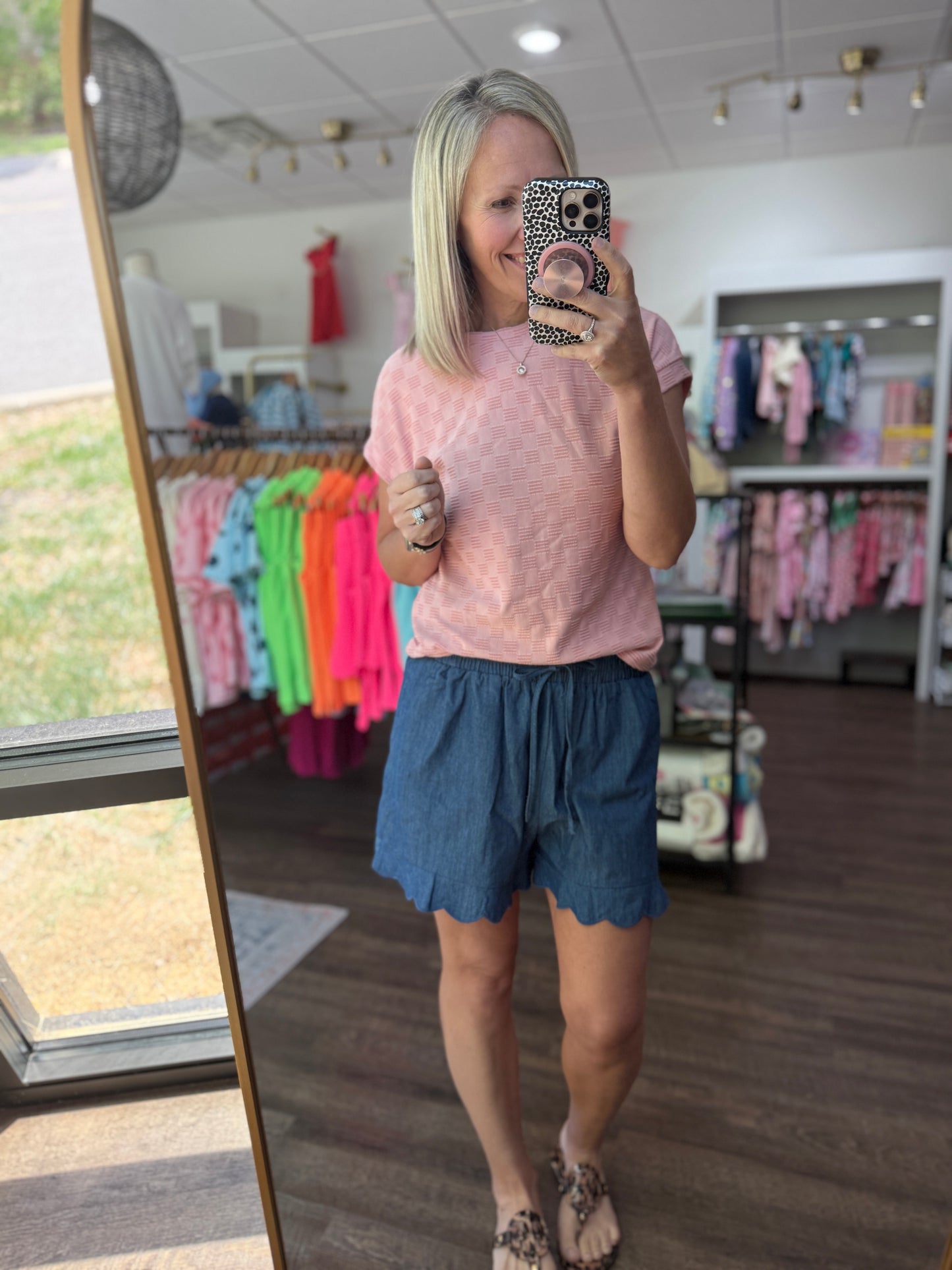 Chambray Scalloped Shorts-Dark