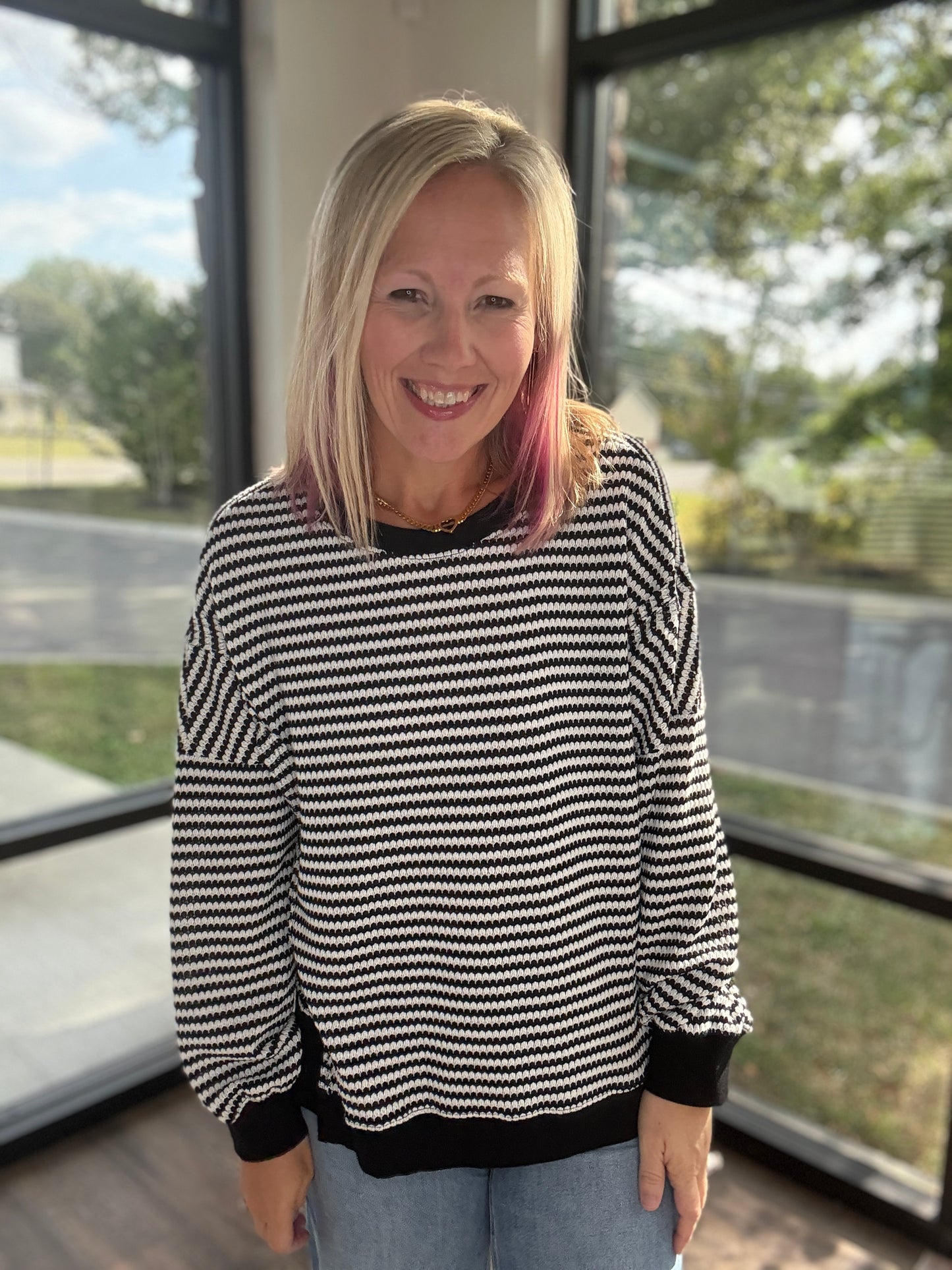 Black Stripe Waffle Top