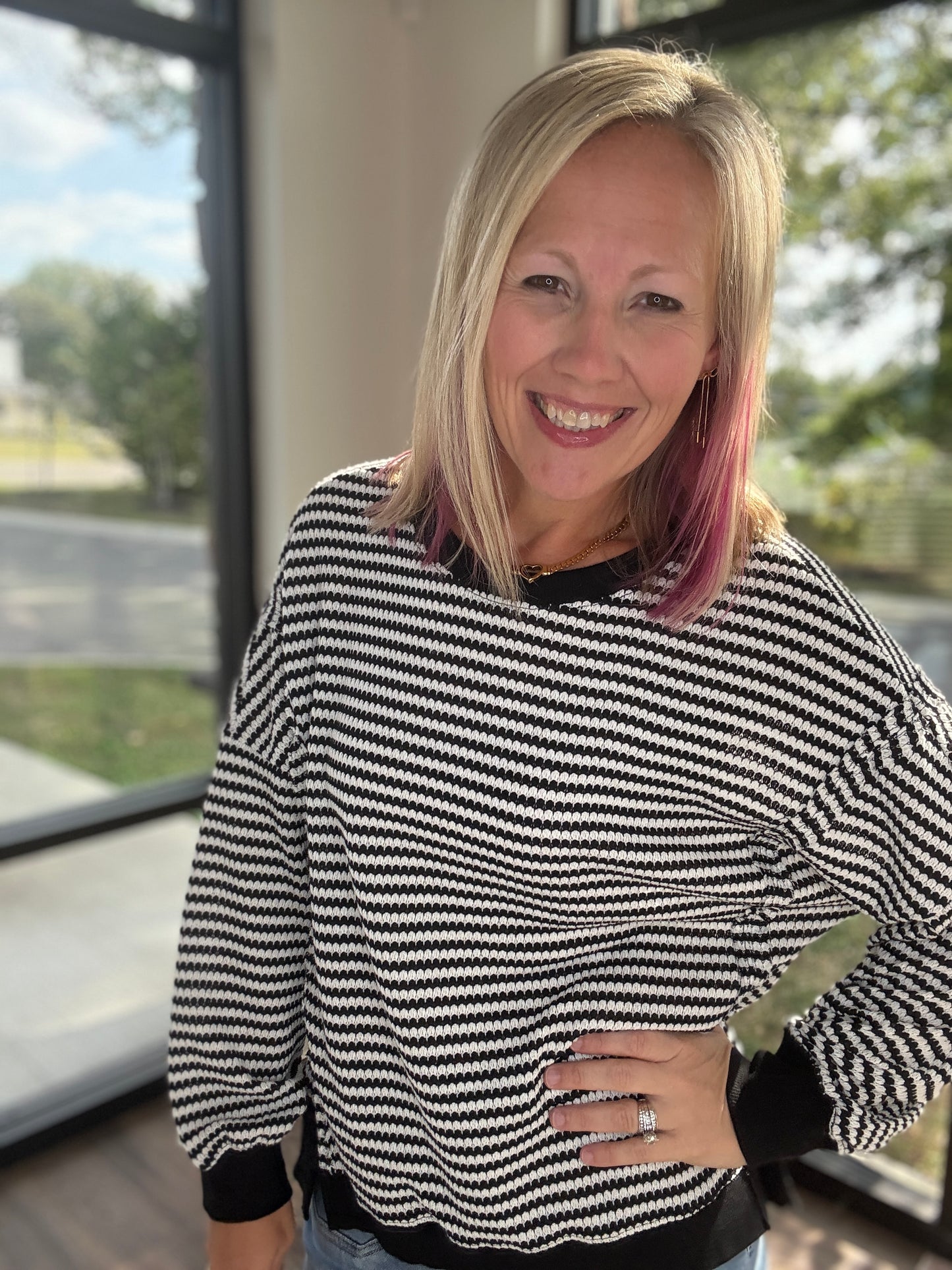 Black Stripe Waffle Top