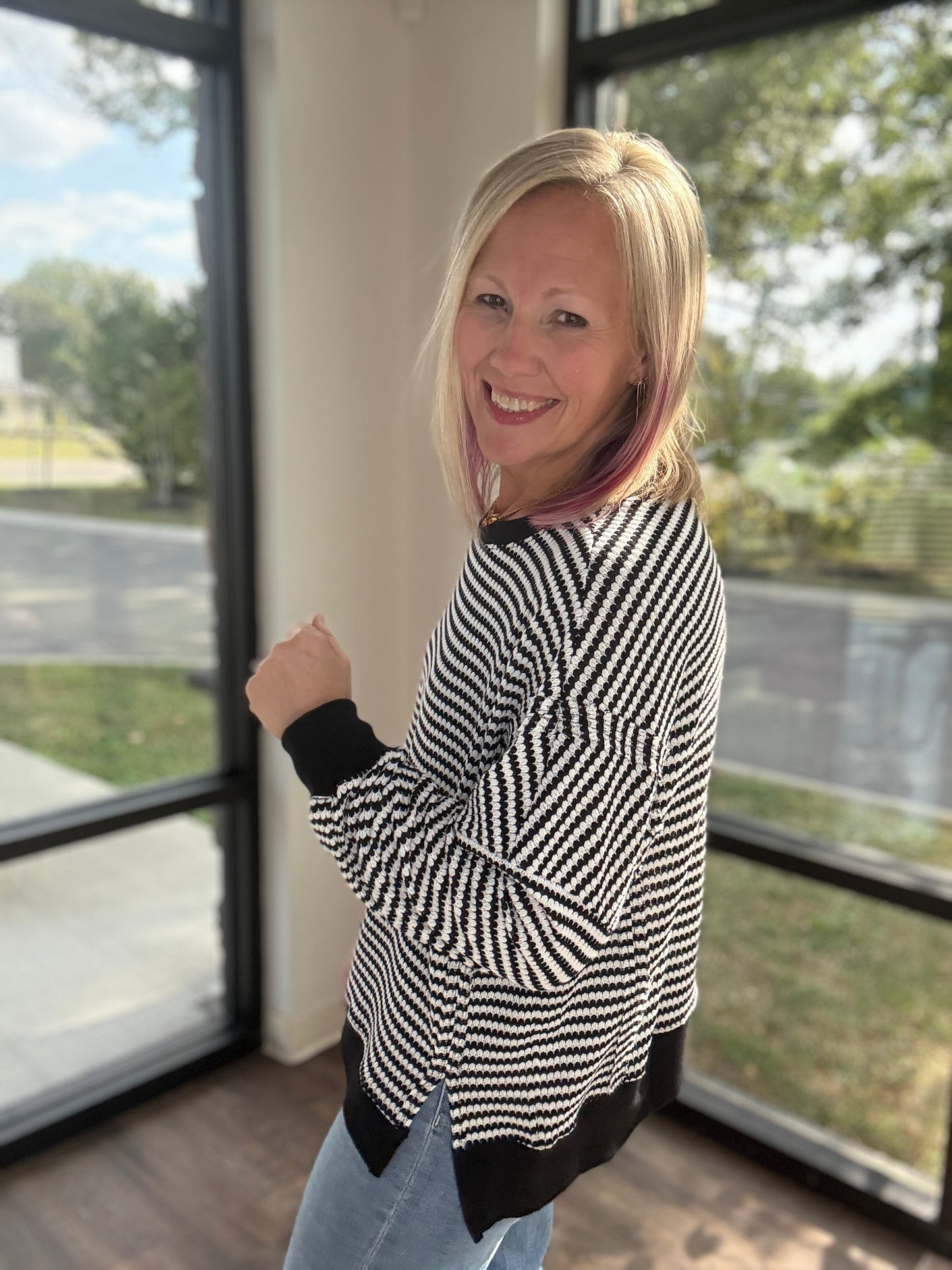 Black Stripe Waffle Top