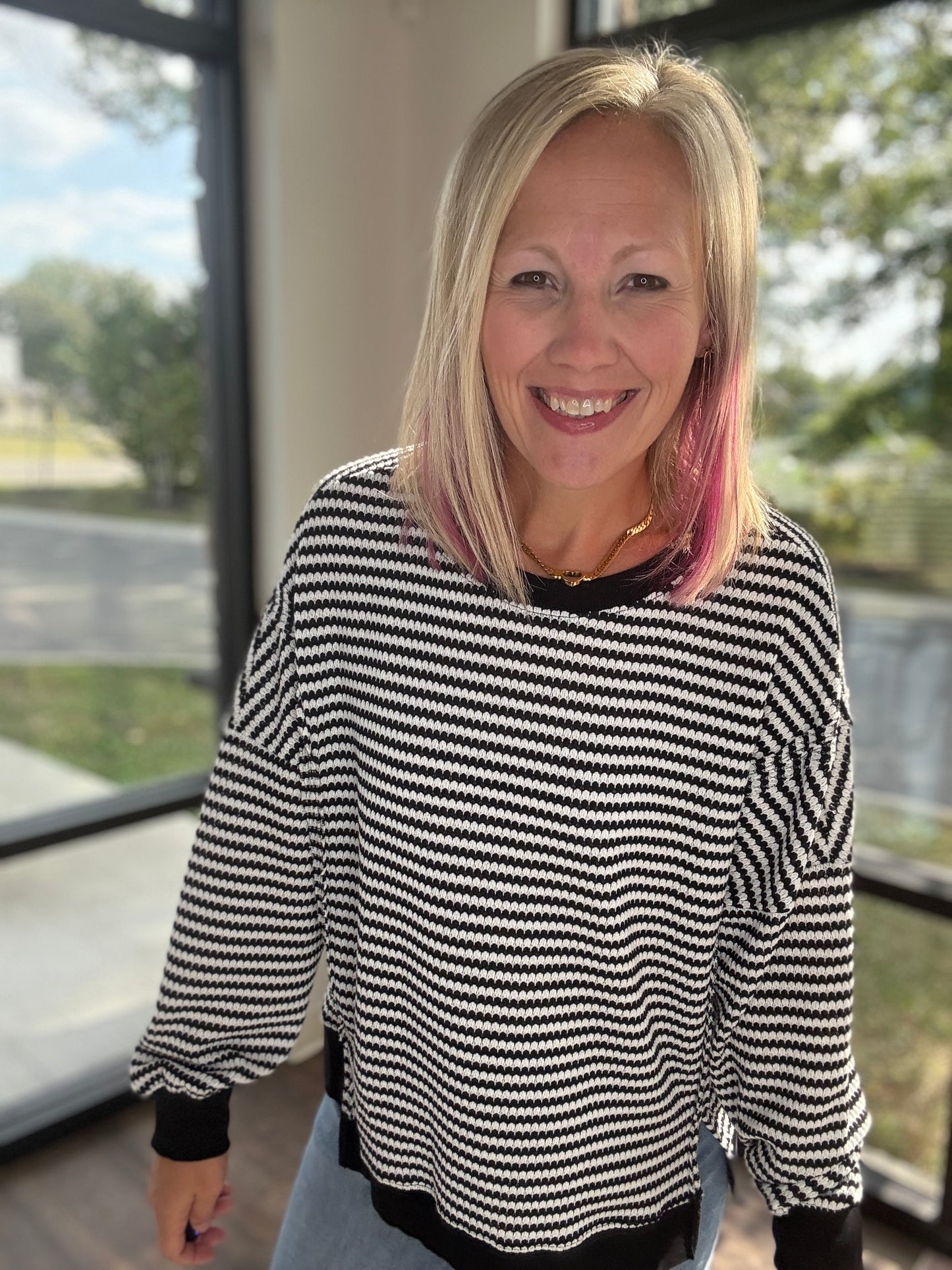 Black Stripe Waffle Top