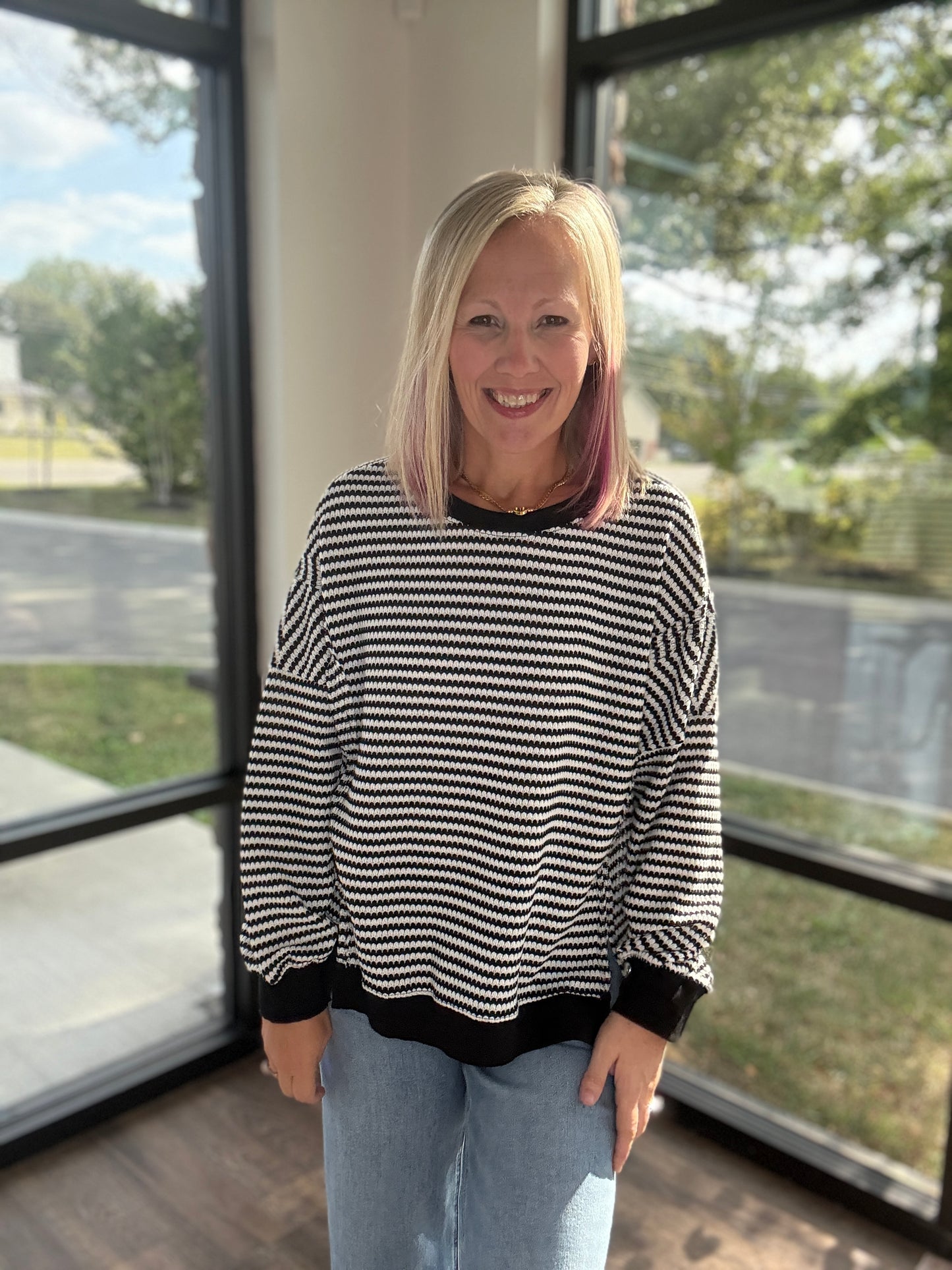 Black Stripe Waffle Top