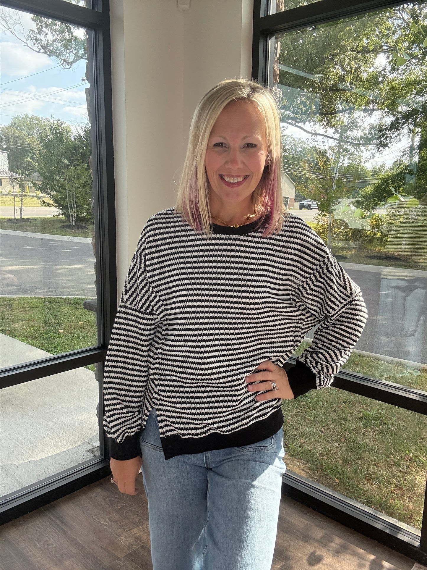Black Stripe Waffle Top