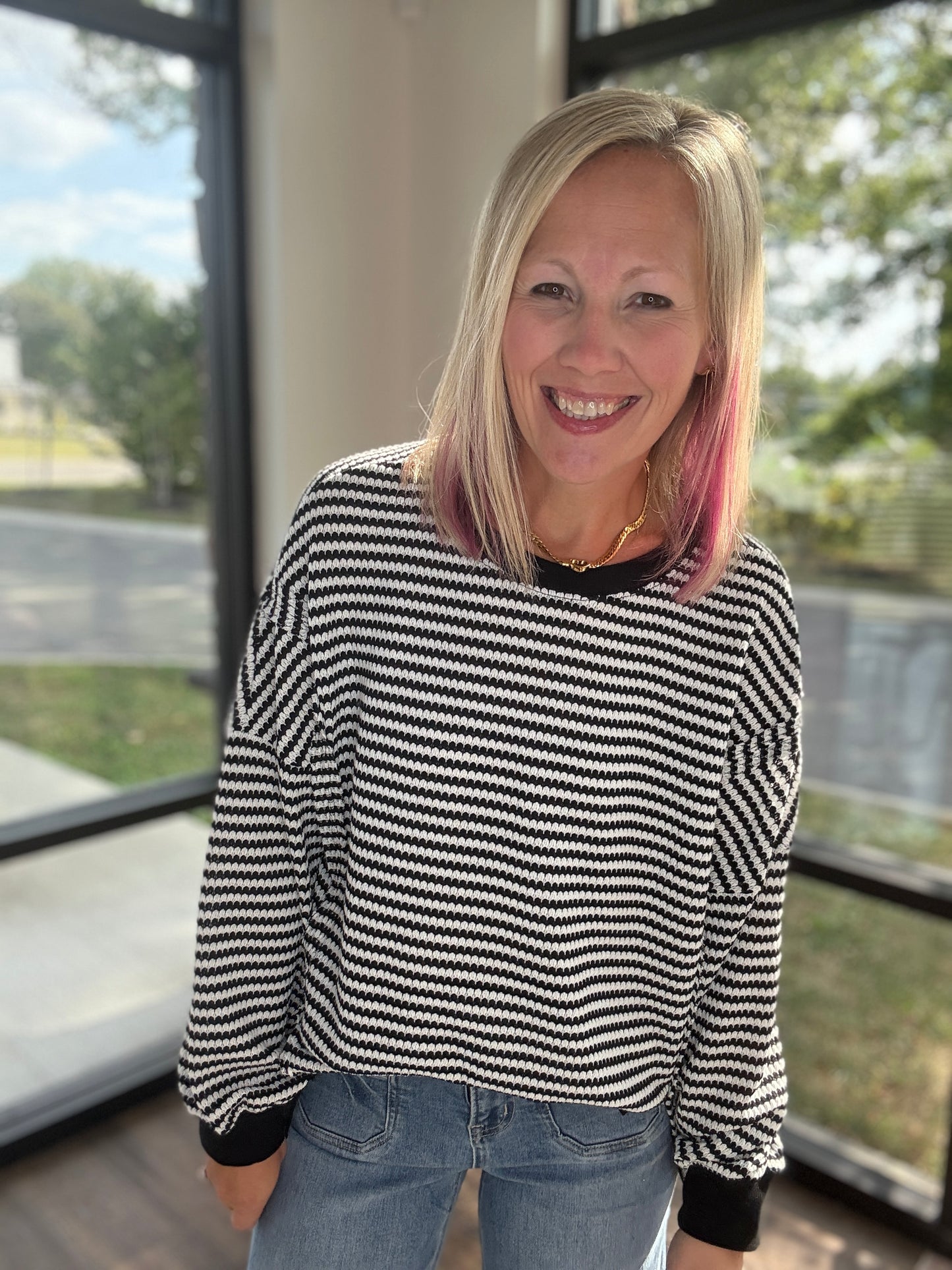 Black Stripe Waffle Top