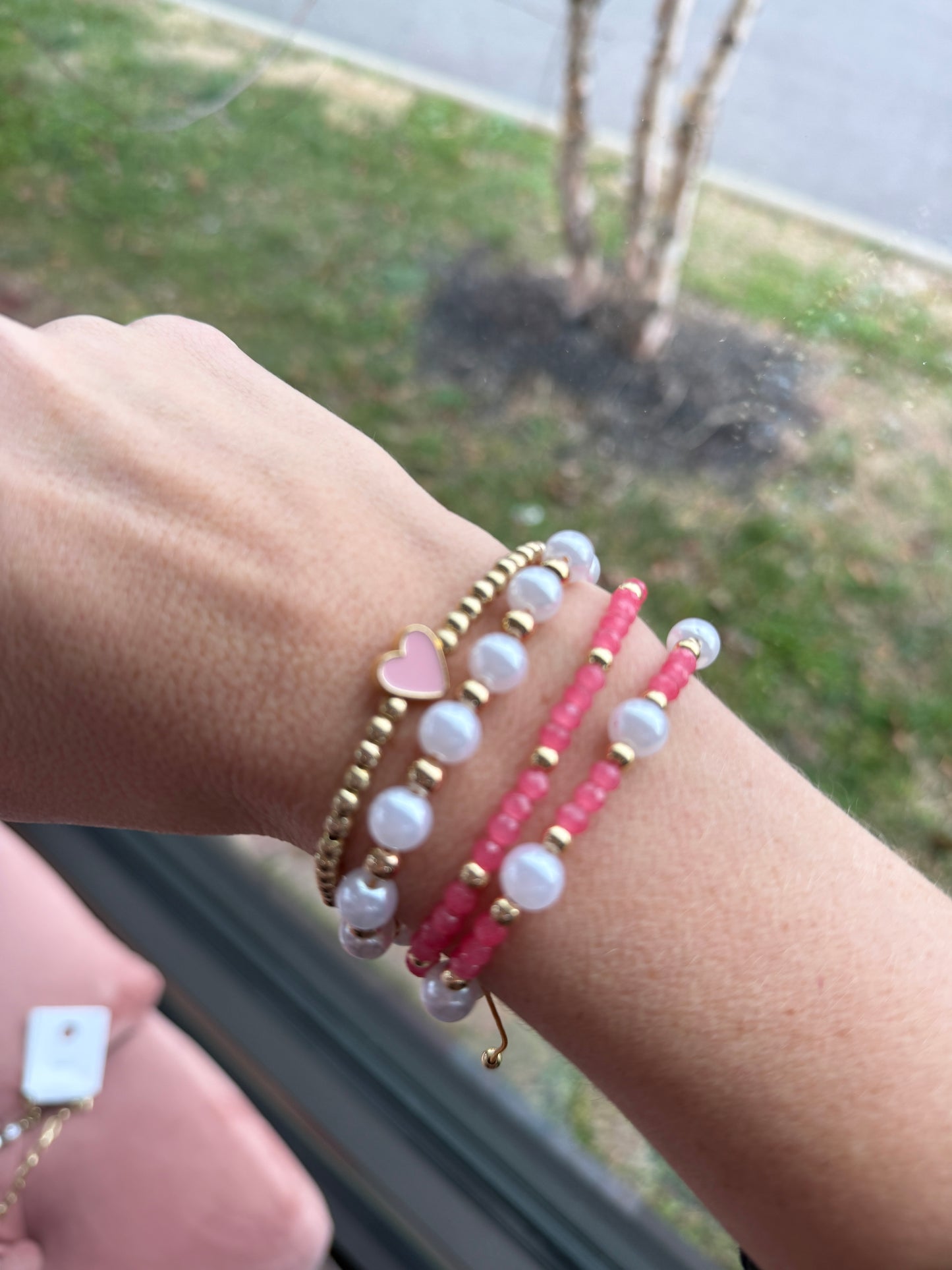 Pink/ Gold Beads Adjustable Bracelet Set