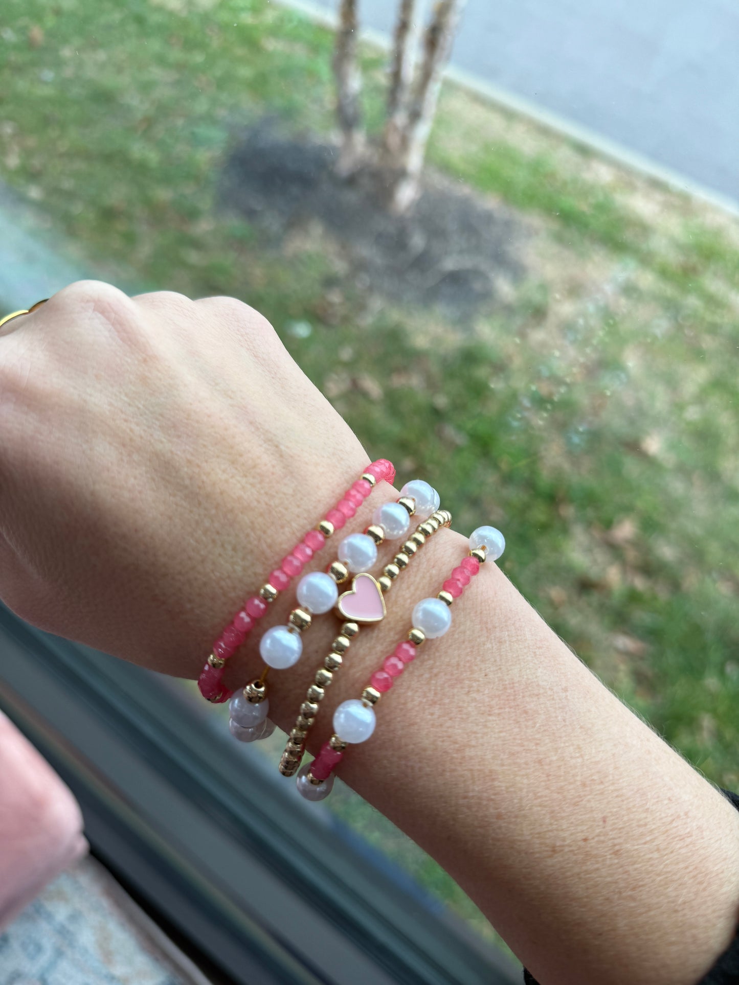 Pink/ Gold Beads Adjustable Bracelet Set