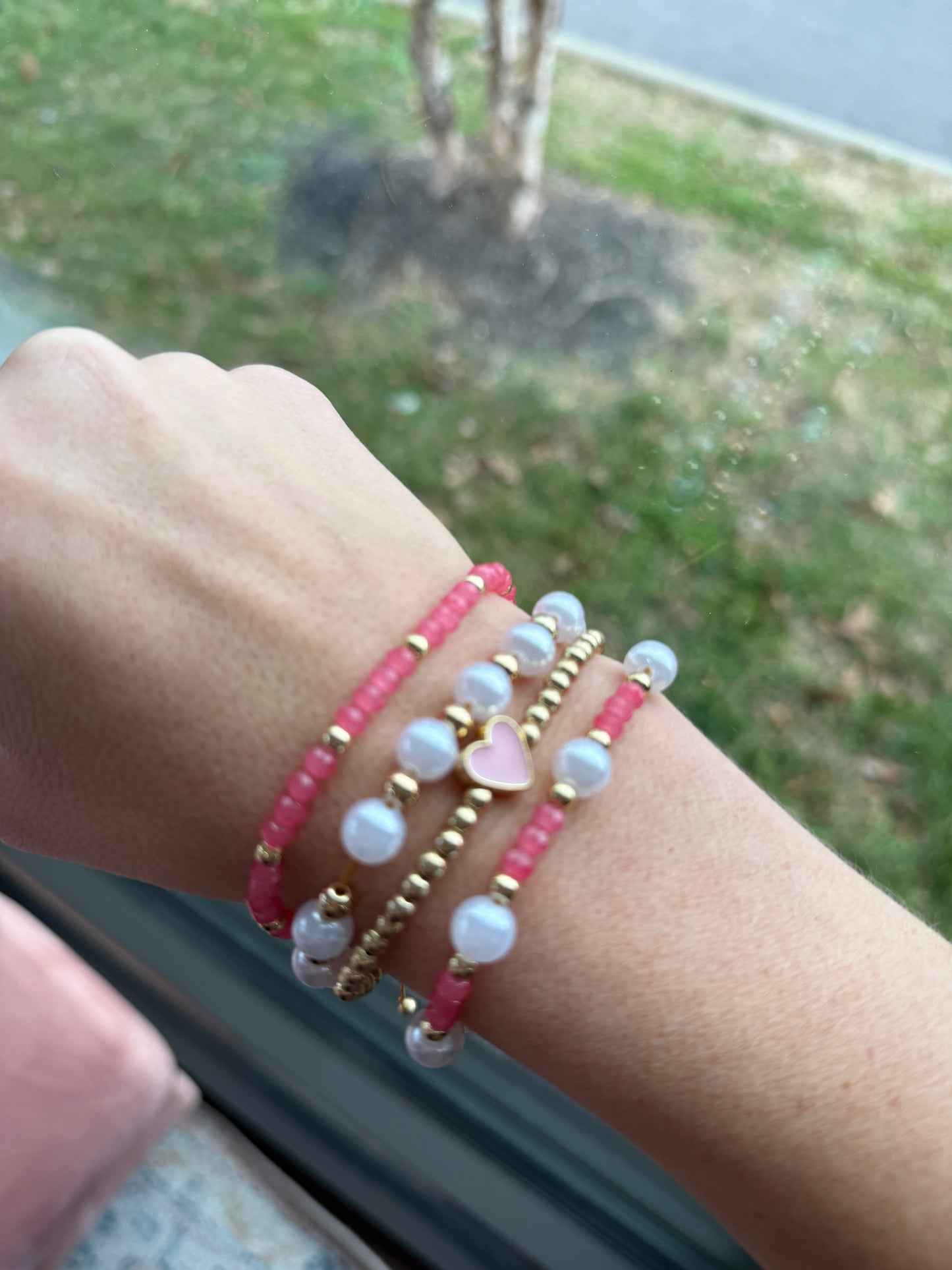 Pink/ Gold Beads Adjustable Bracelet Set