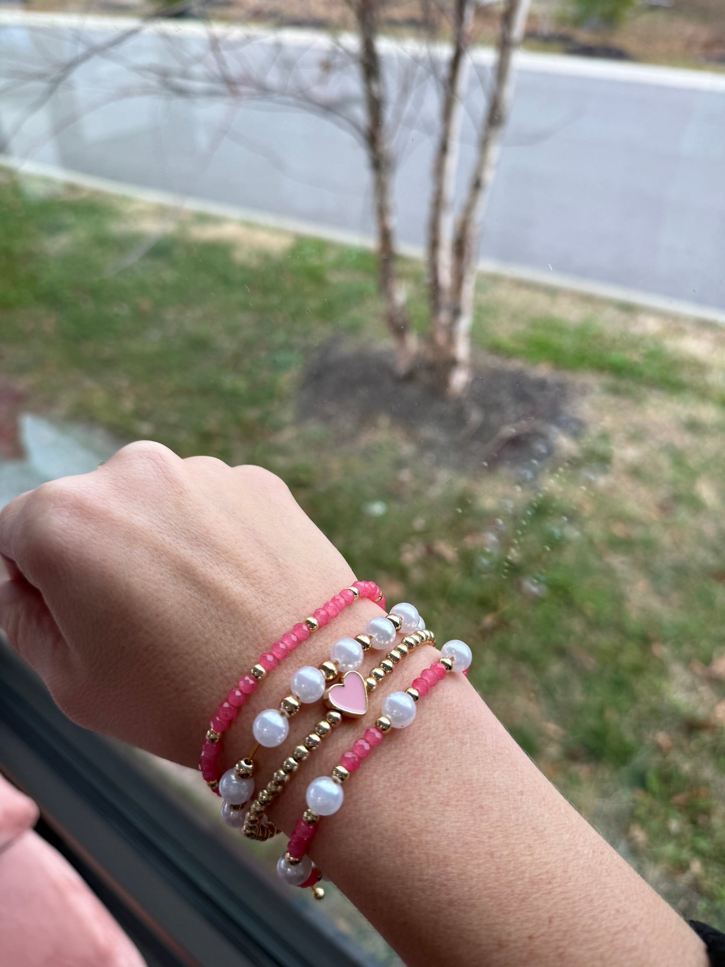 Pink/ Gold Beads Adjustable Bracelet Set