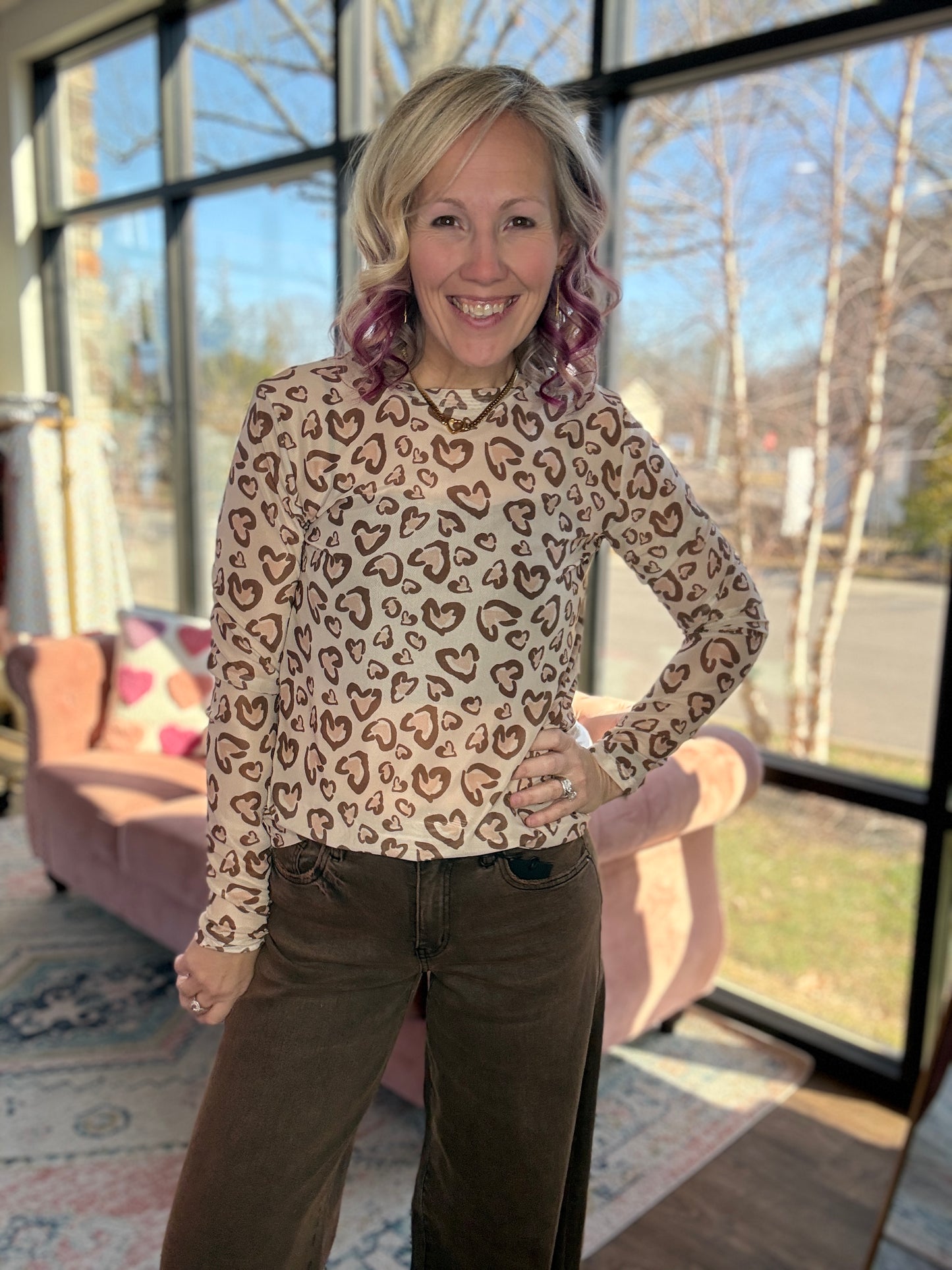 Cheetah Hearts Mesh Top