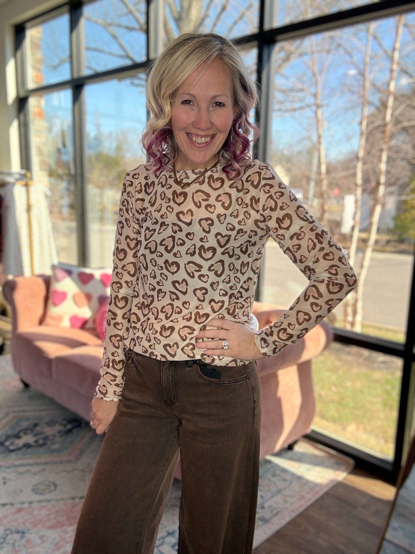Cheetah Hearts Mesh Top