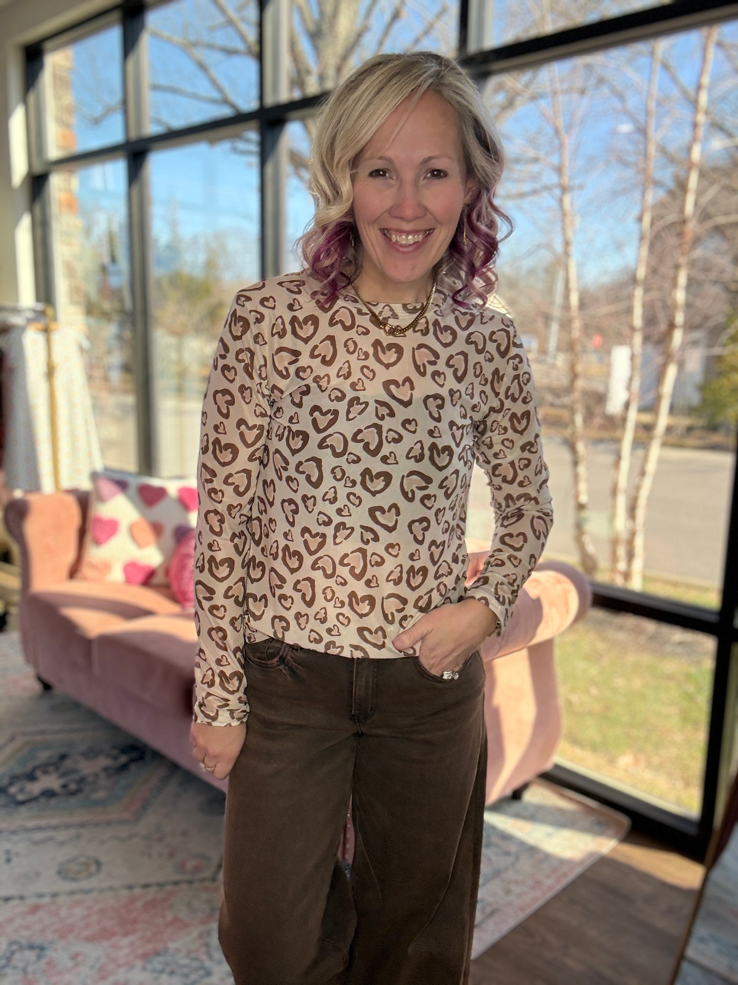 Cheetah Hearts Mesh Top
