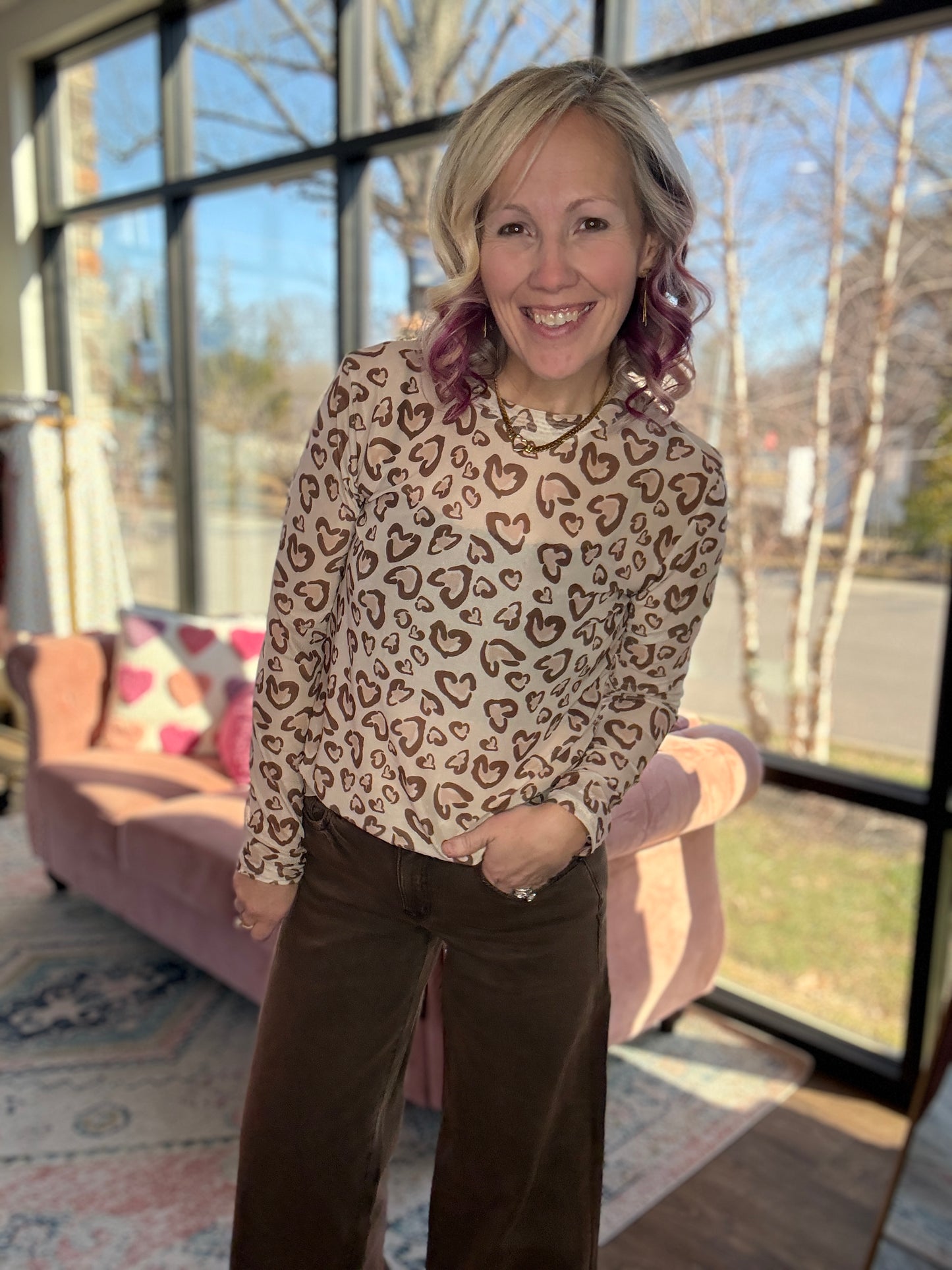 Cheetah Hearts Mesh Top