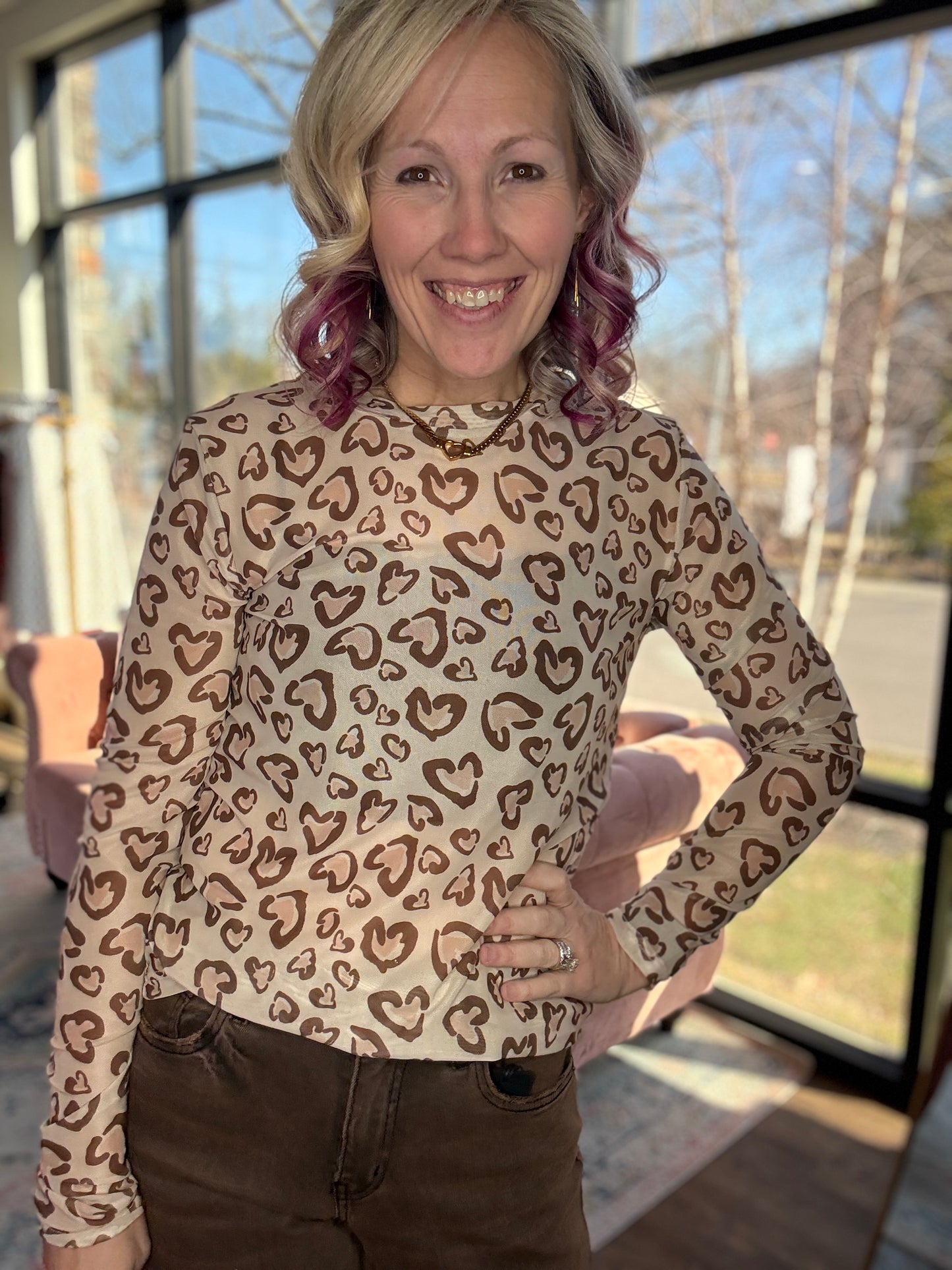 Cheetah Hearts Mesh Top