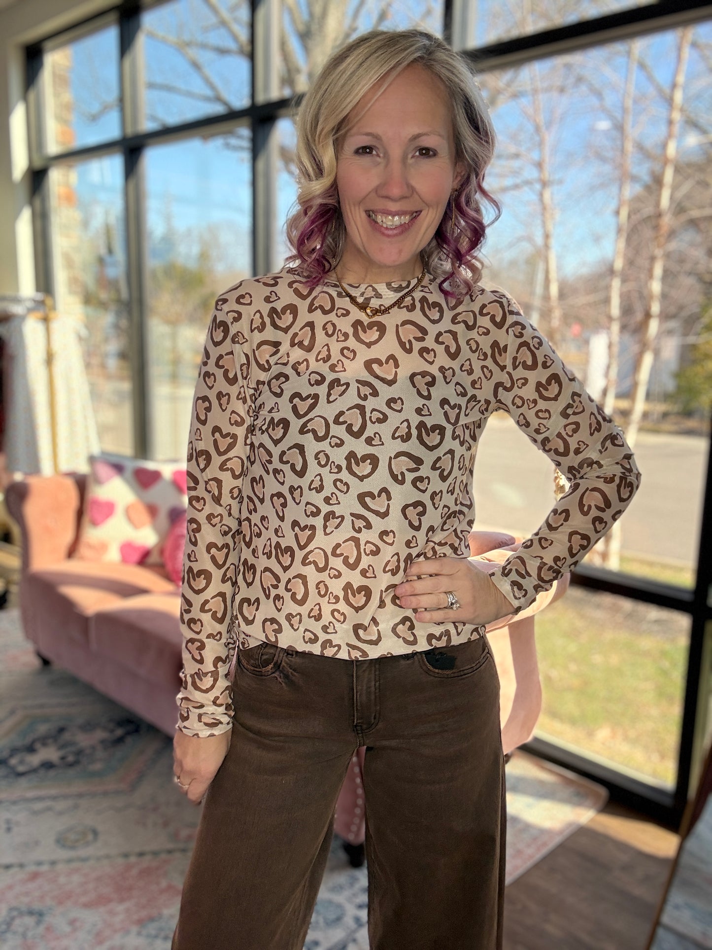 Cheetah Hearts Mesh Top