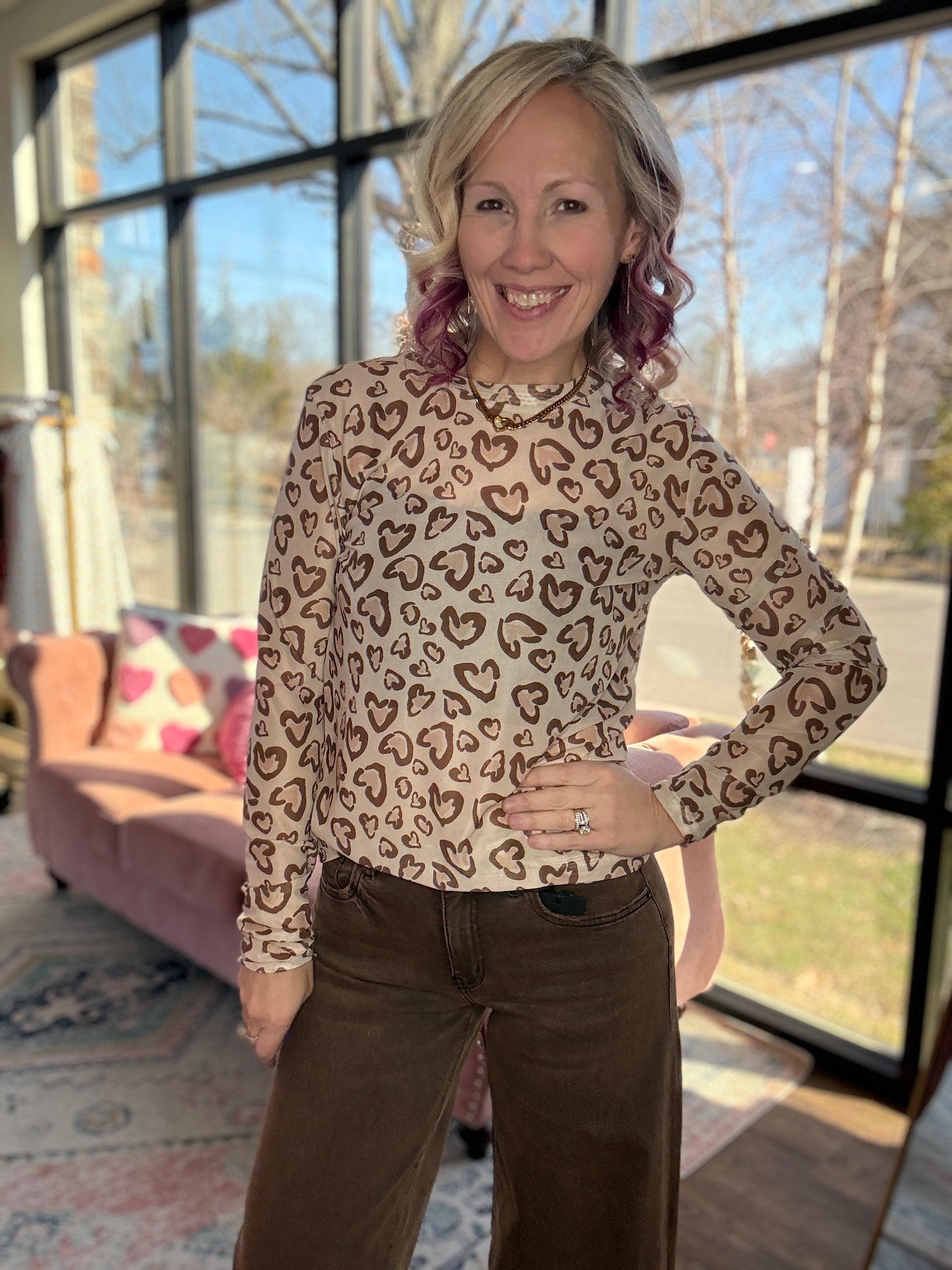Cheetah Hearts Mesh Top