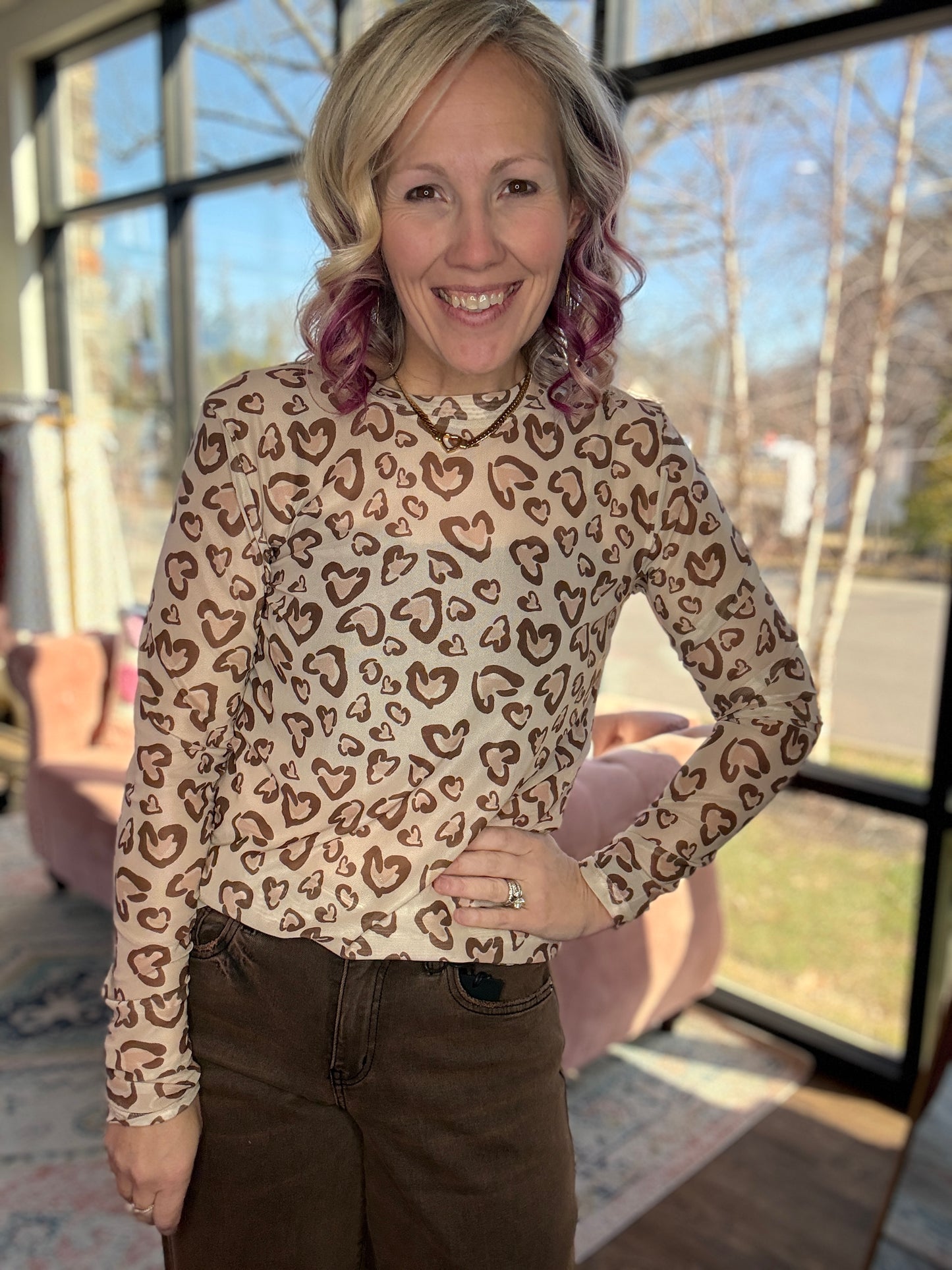 Cheetah Hearts Mesh Top