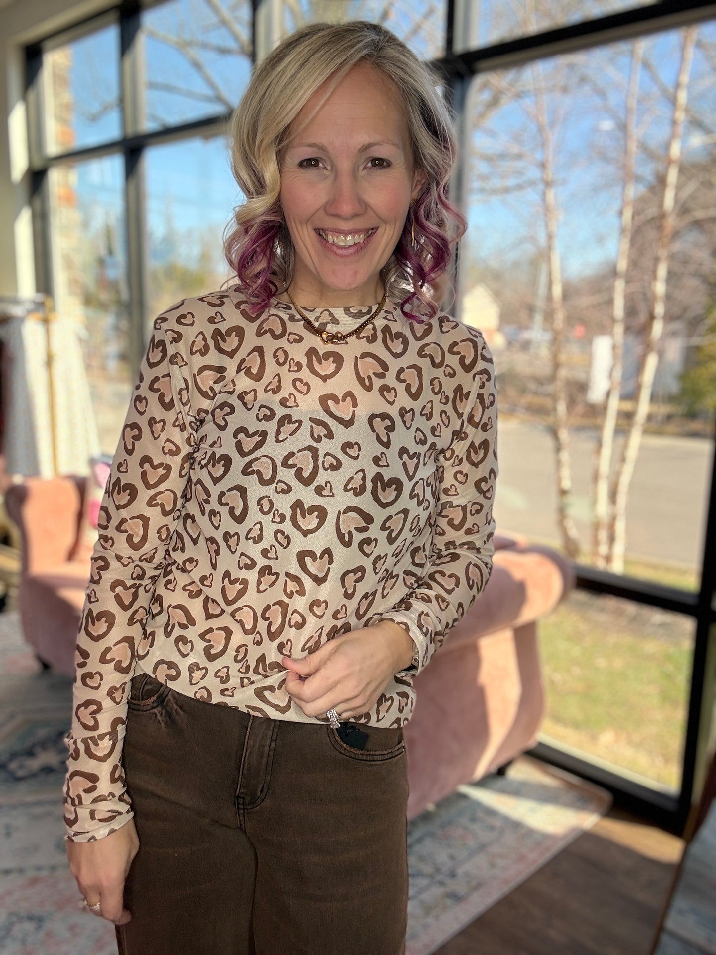 Cheetah Hearts Mesh Top
