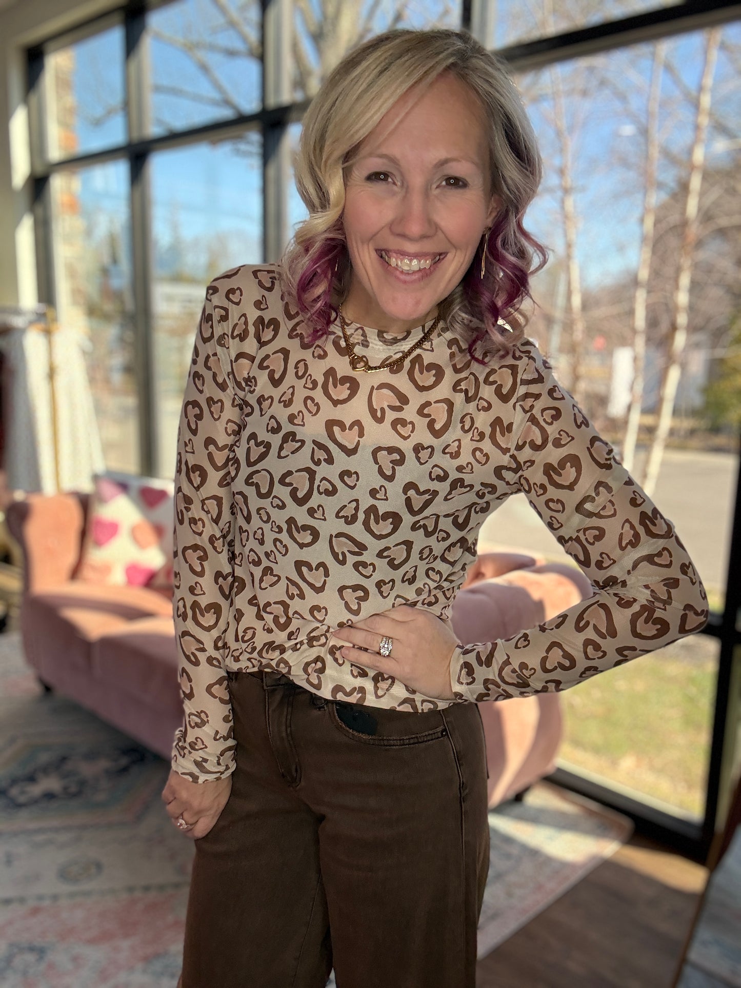Cheetah Hearts Mesh Top