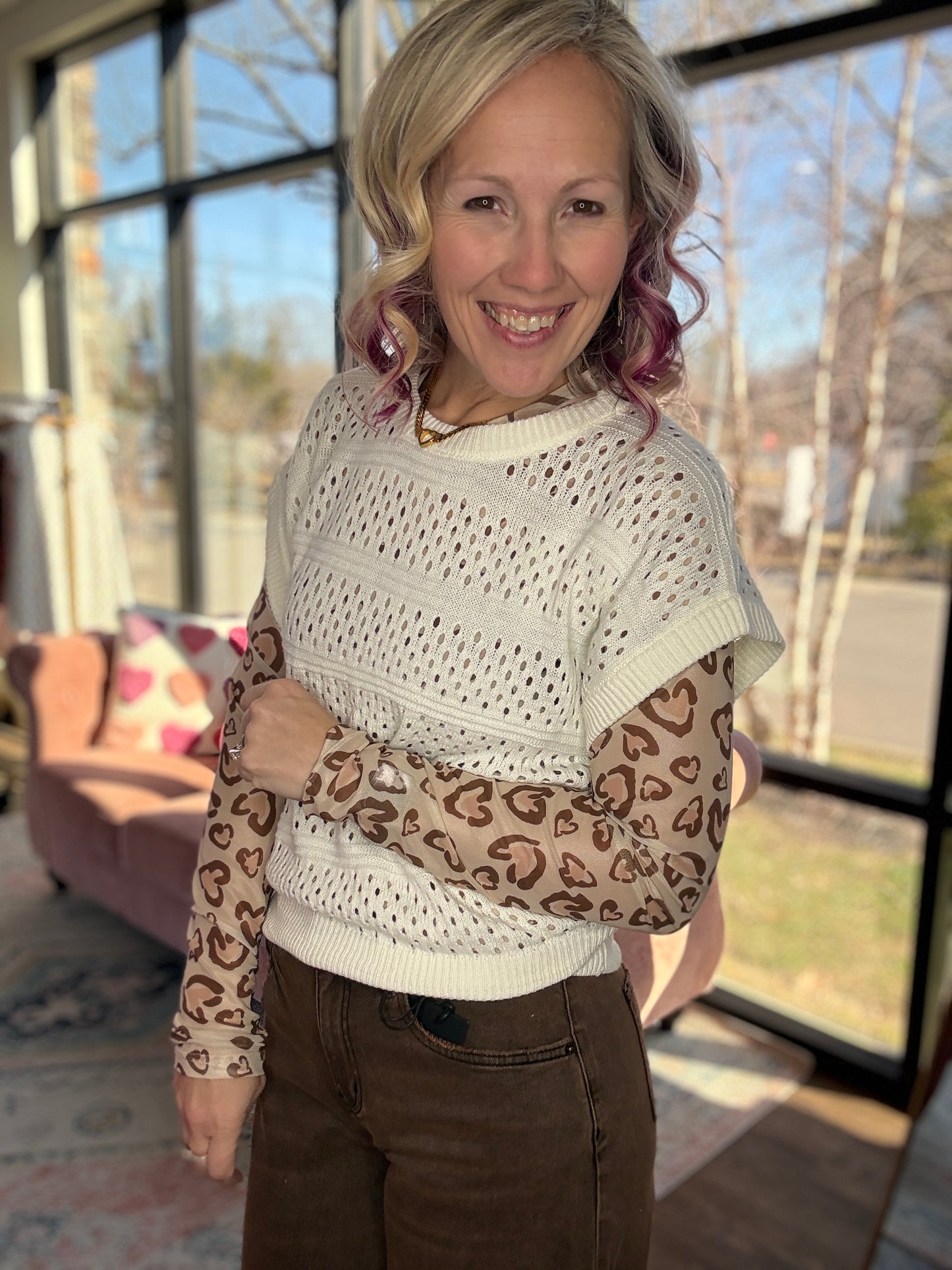 Cheetah Hearts Mesh Top