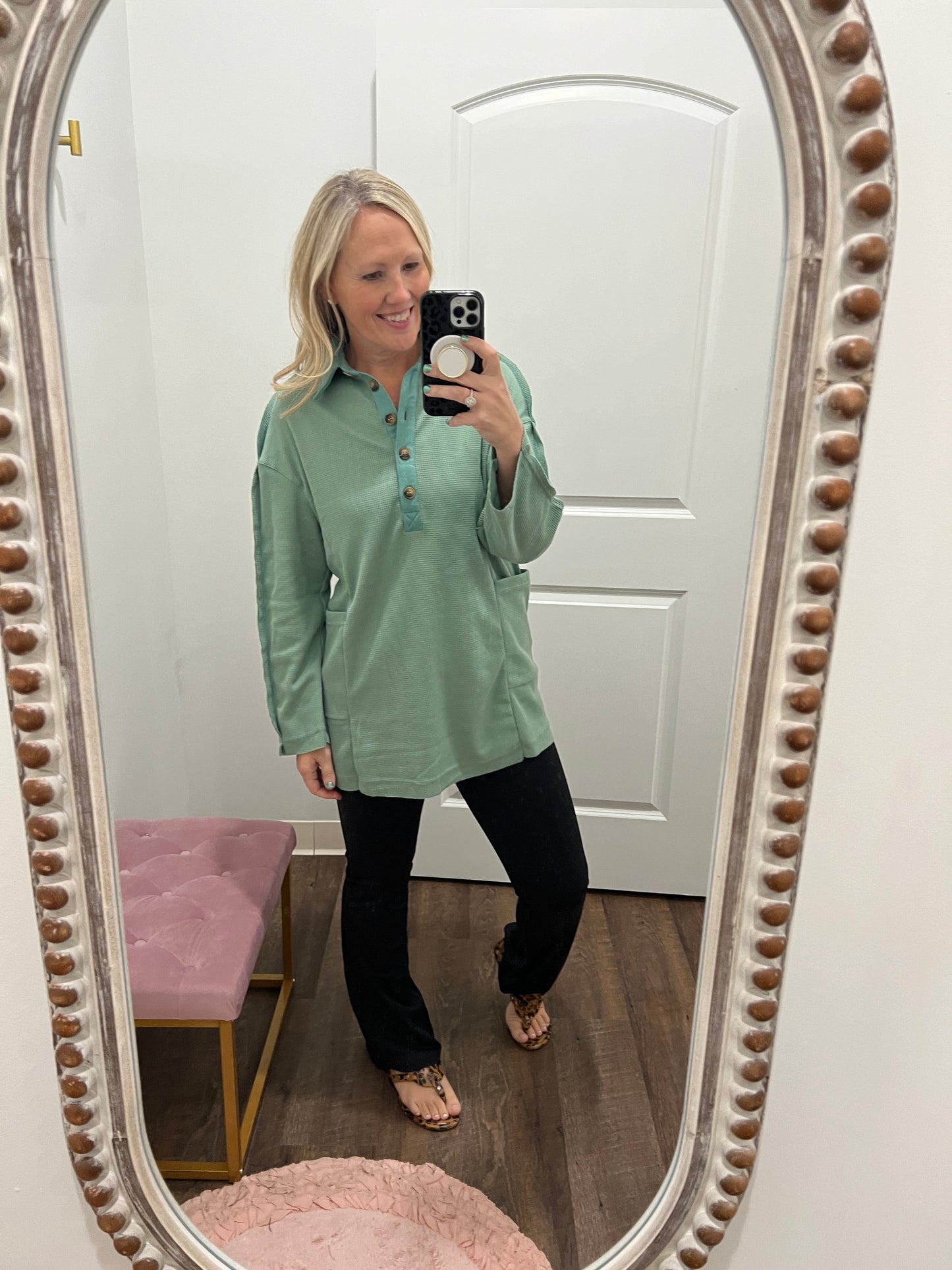 Cozy Henley Top- Smokey Sage