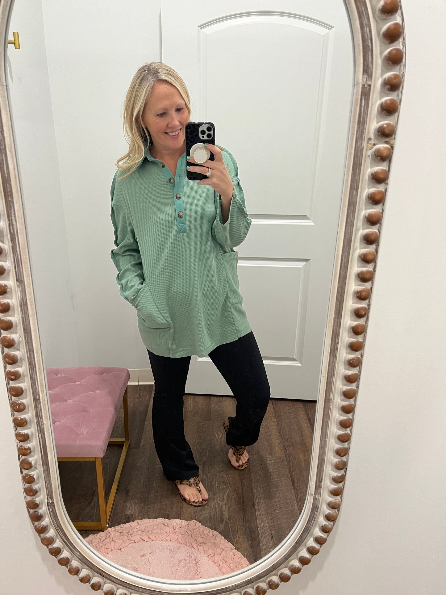 Cozy Henley Top- Smokey Sage