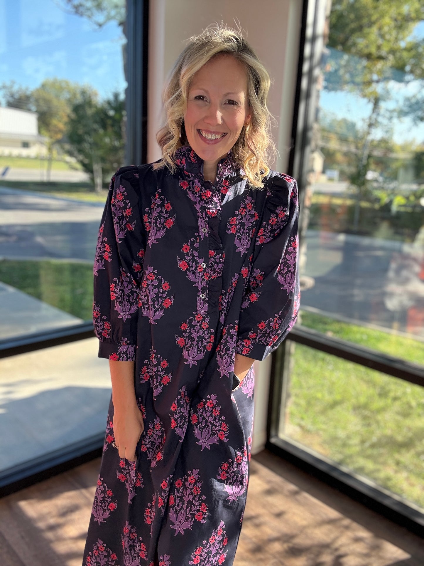Falling for Florals Dress- Navy