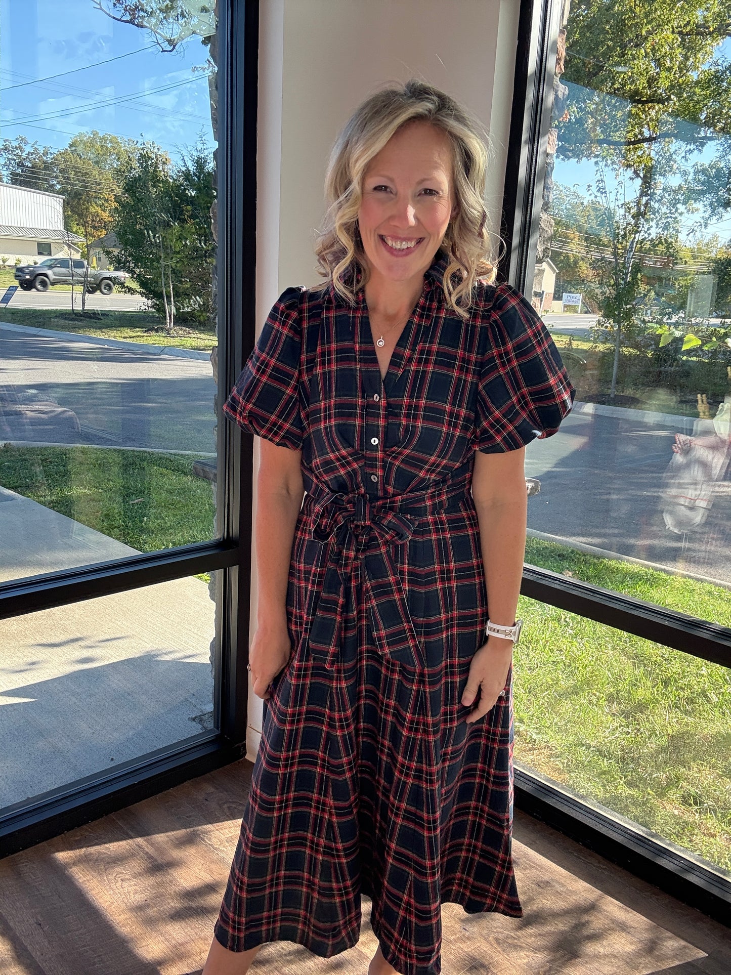 Merry Moments Plaid Dress- Navy