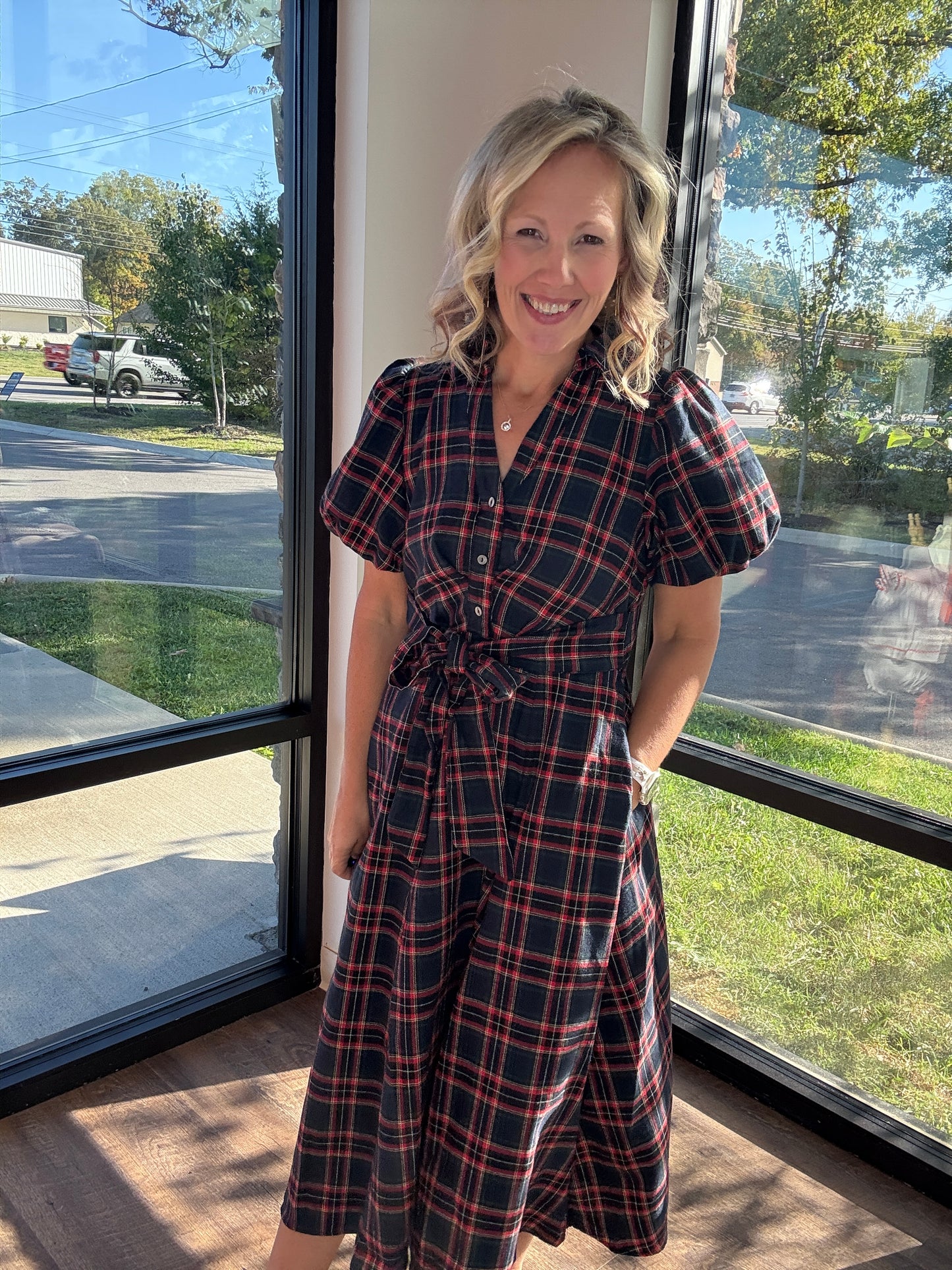 Merry Moments Plaid Dress- Navy