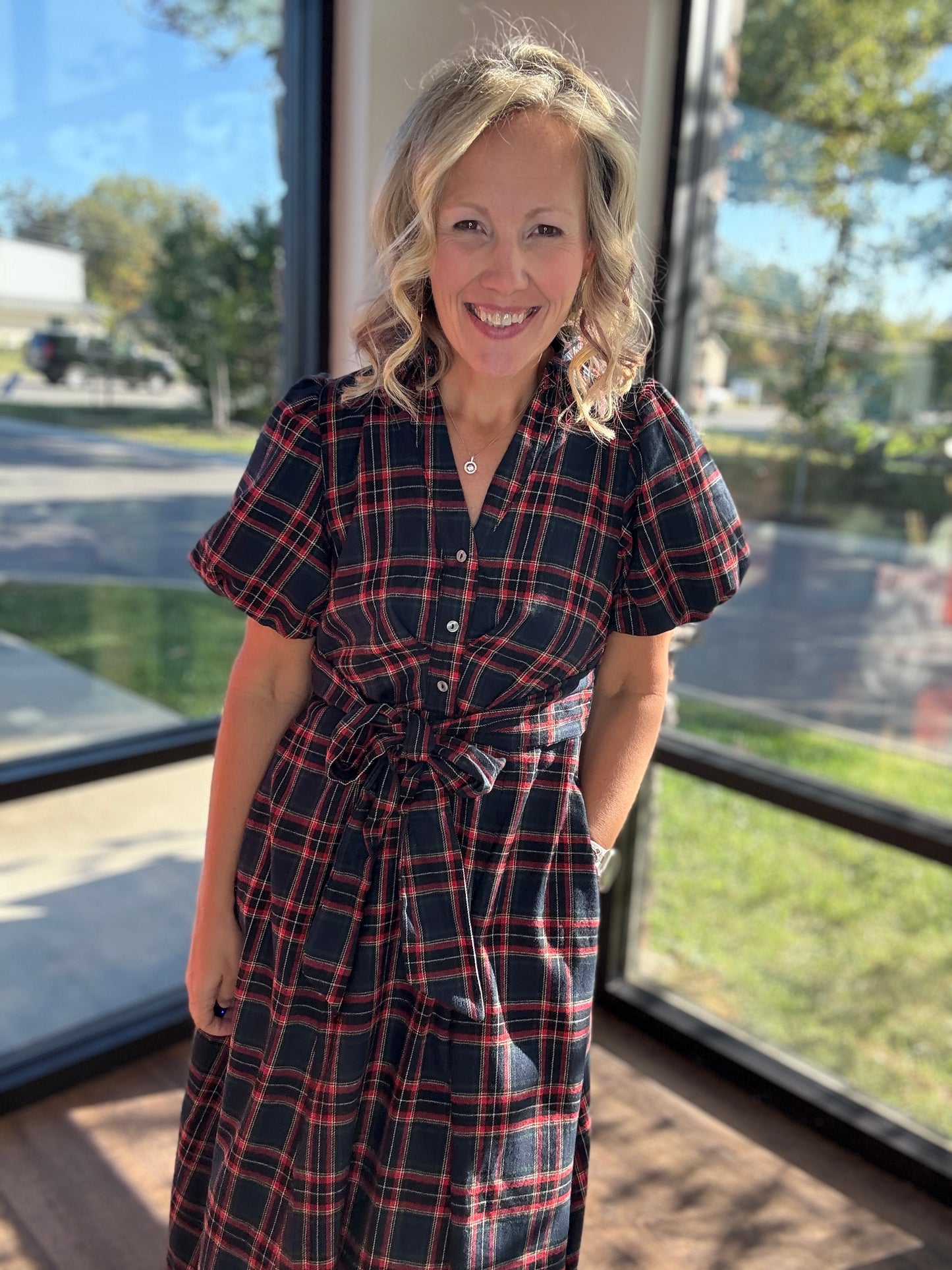 Merry Moments Plaid Dress- Navy