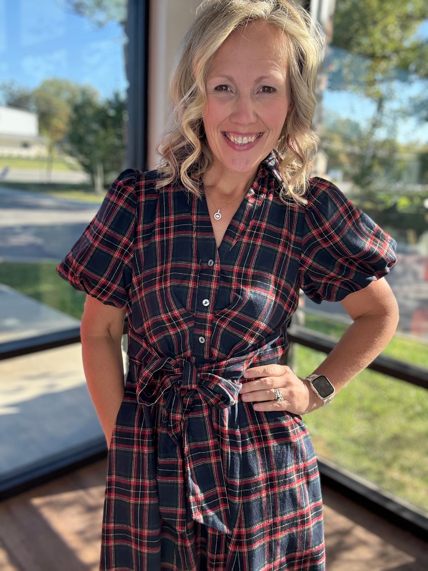 Merry Moments Plaid Dress- Navy