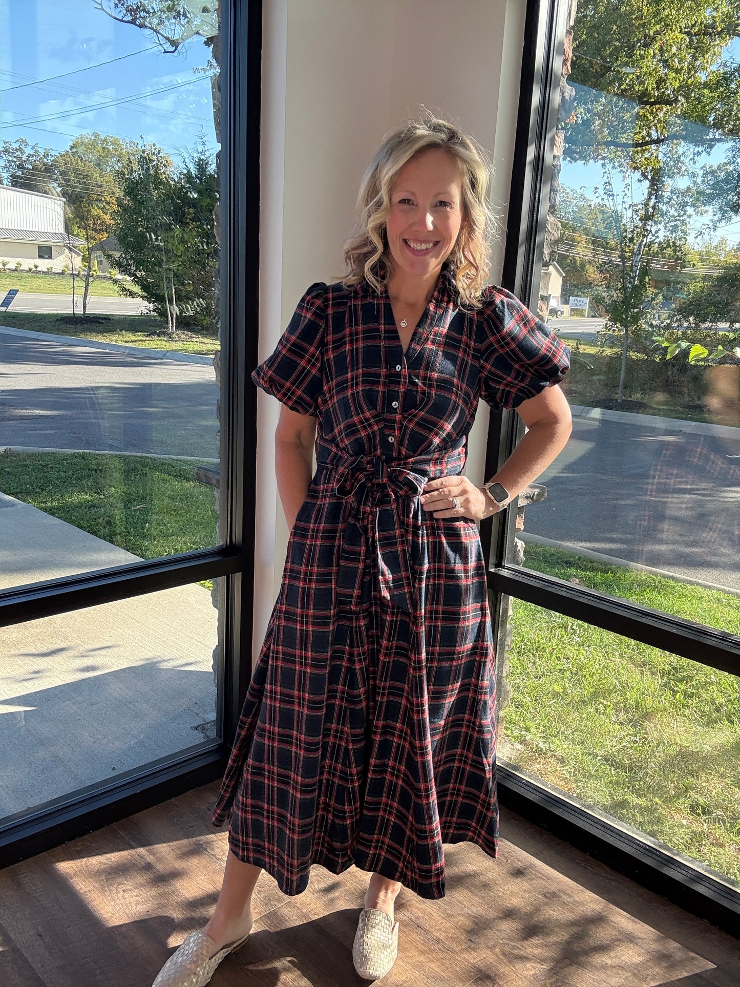 Merry Moments Plaid Dress- Navy