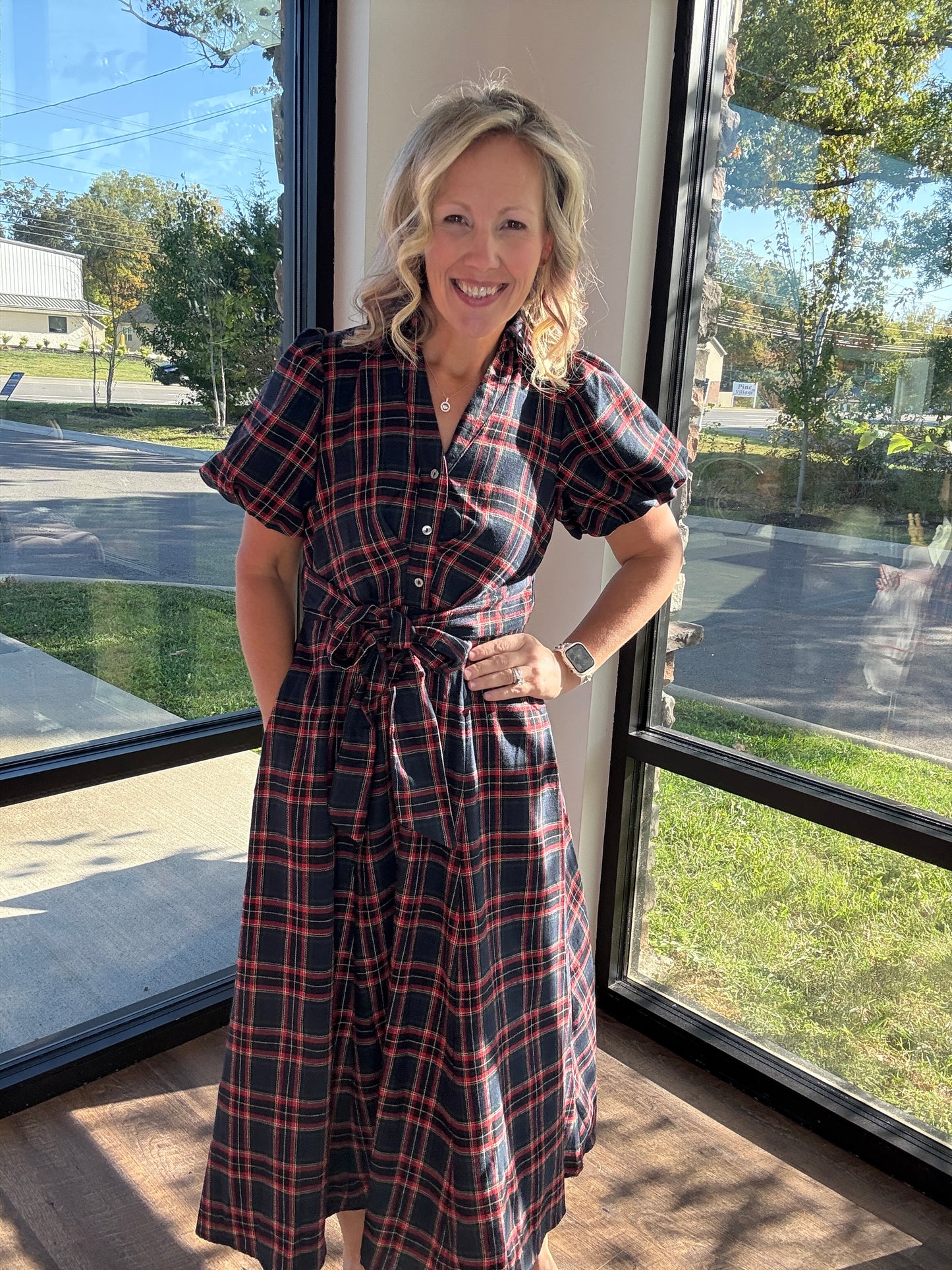 Merry Moments Plaid Dress- Navy