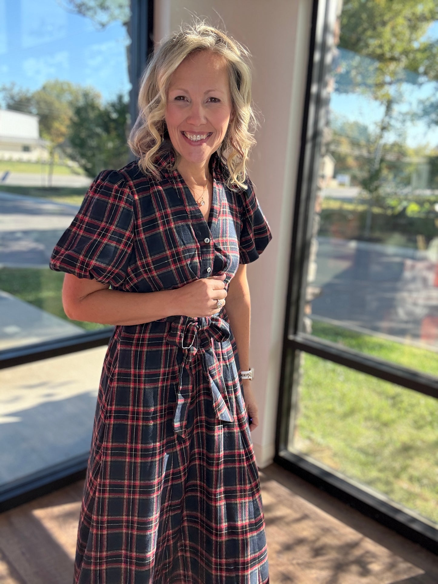 Merry Moments Plaid Dress- Navy