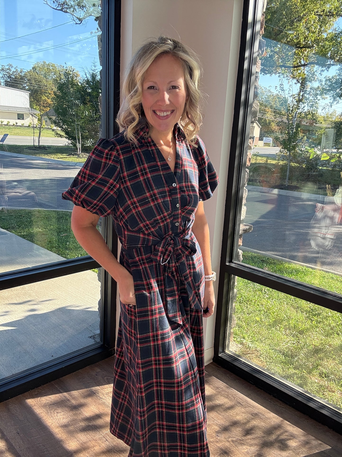 Merry Moments Plaid Dress- Navy