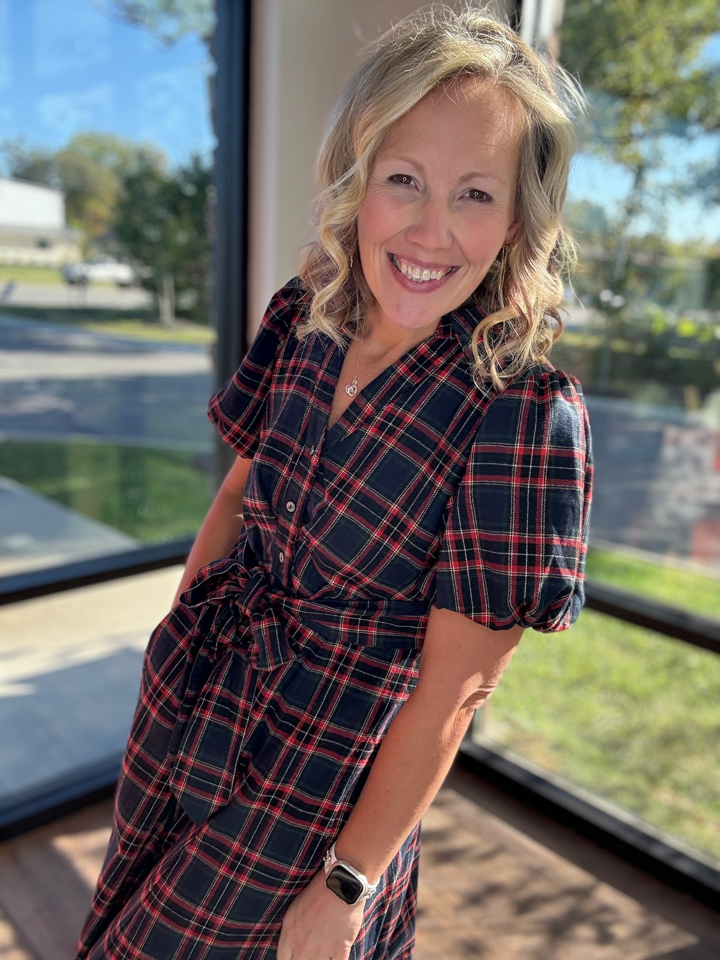 Merry Moments Plaid Dress- Navy