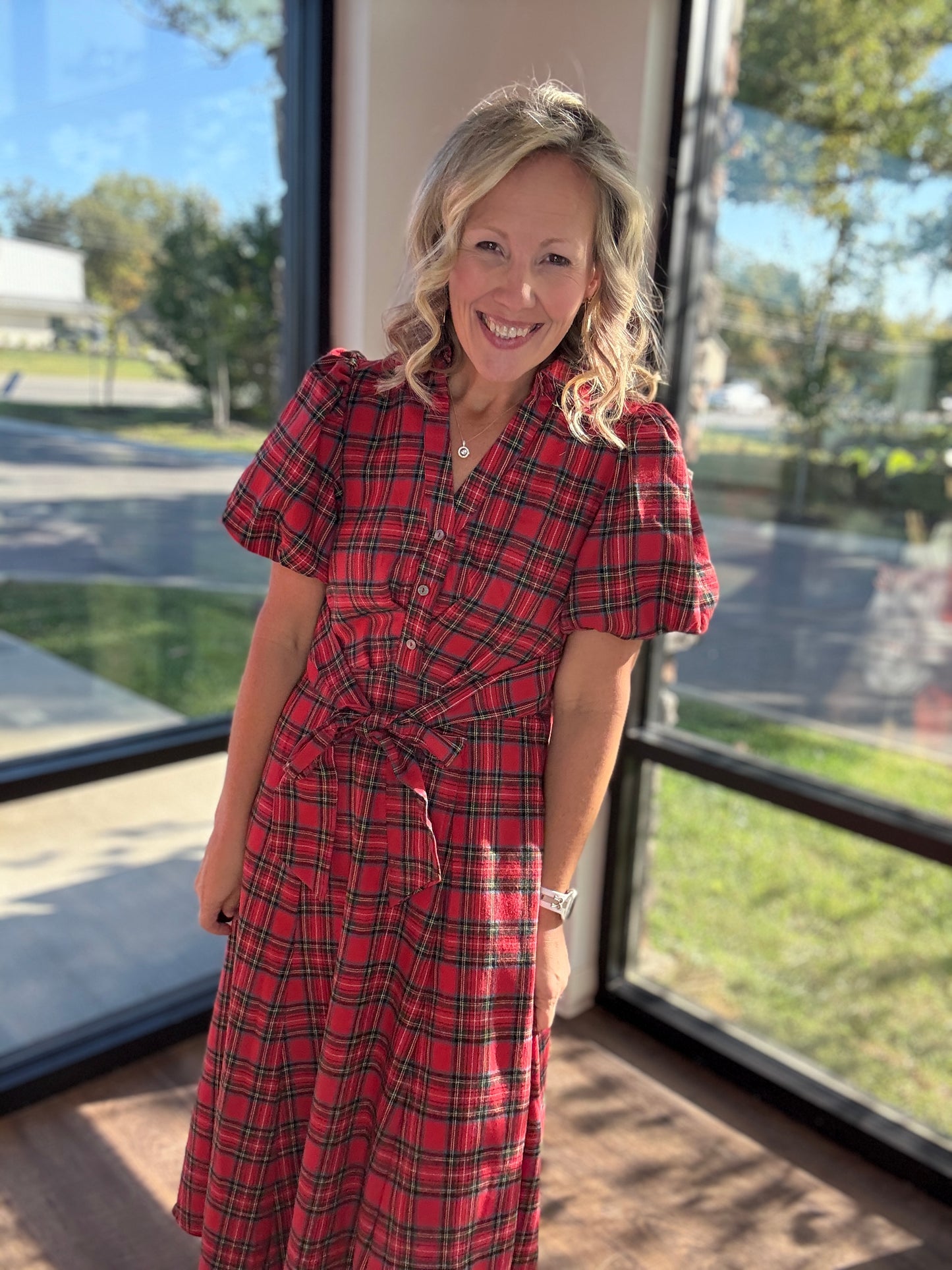 Merry Moments Plaid Dress- Red