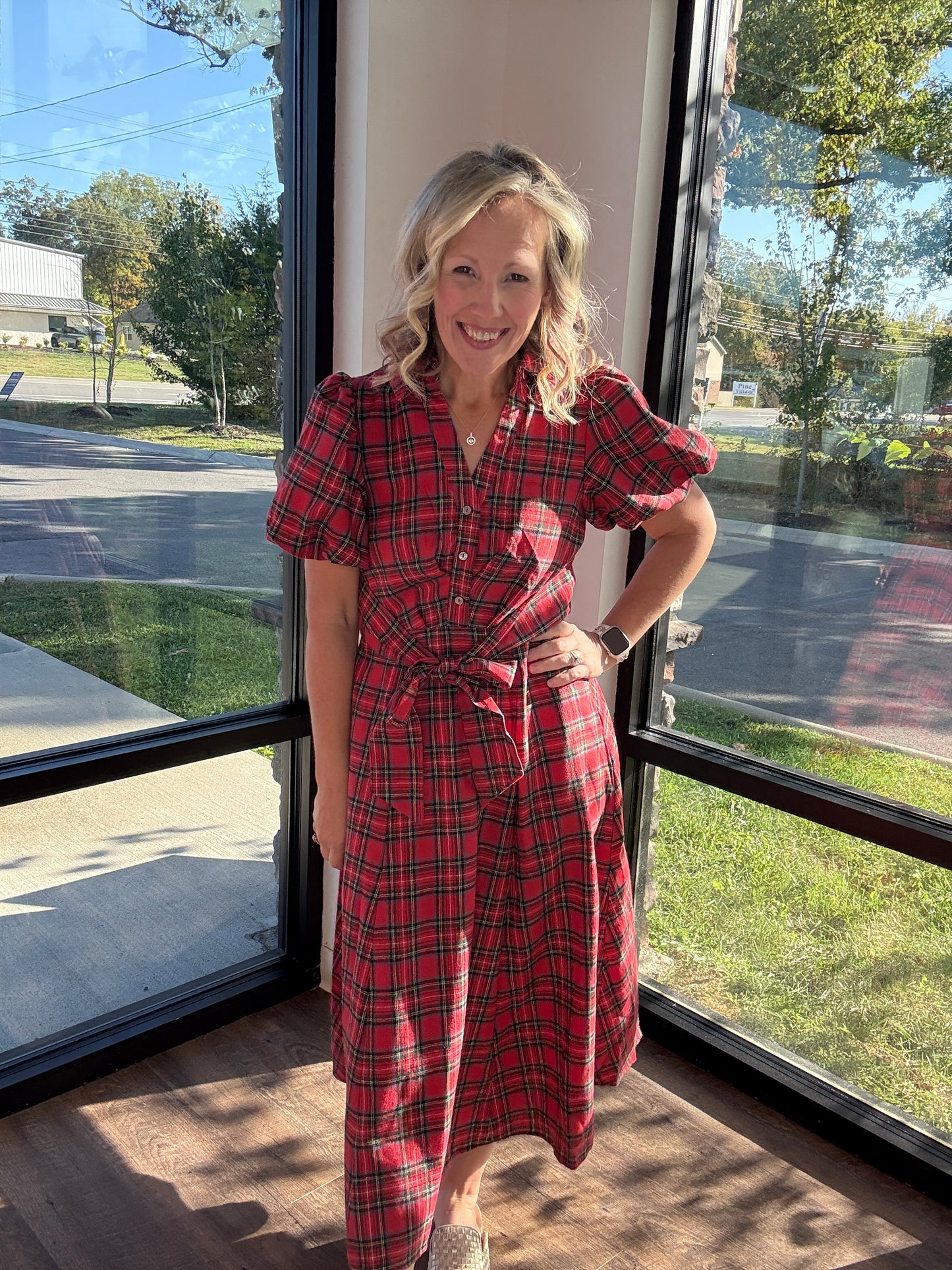 Merry Moments Plaid Dress- Red