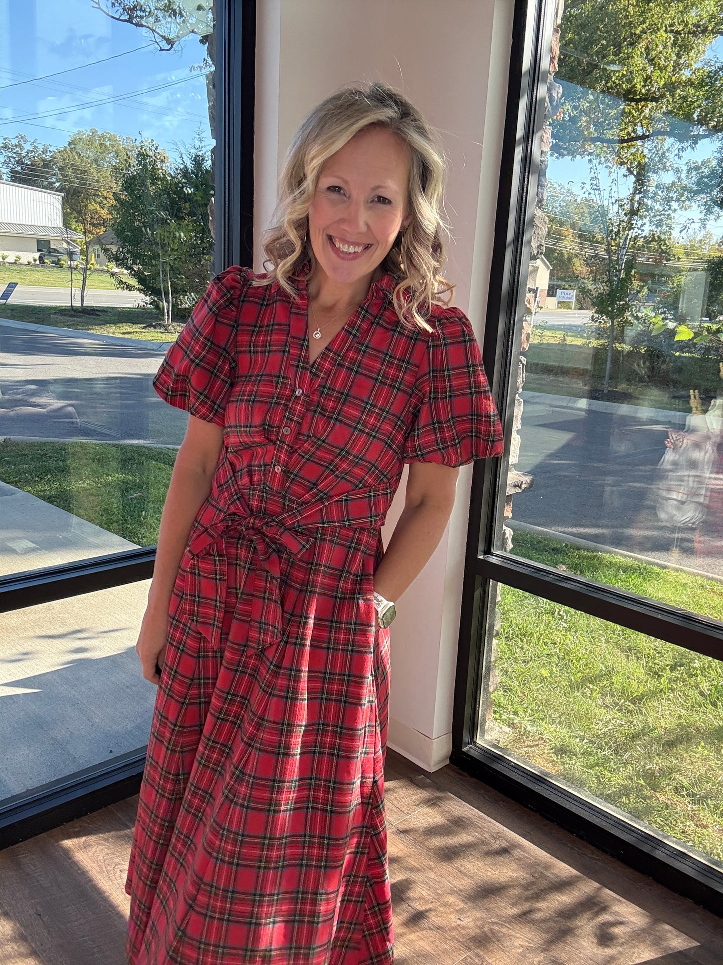 Merry Moments Plaid Dress- Red