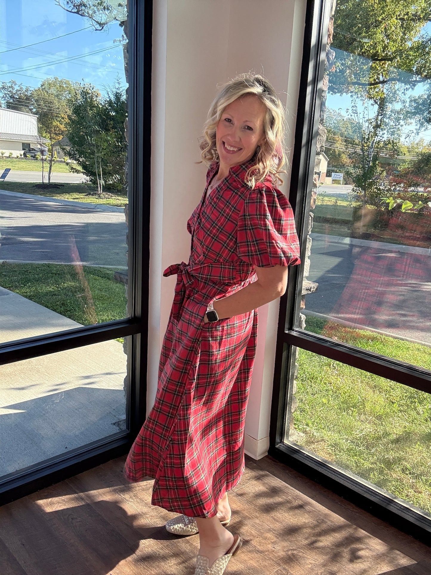 Merry Moments Plaid Dress- Red