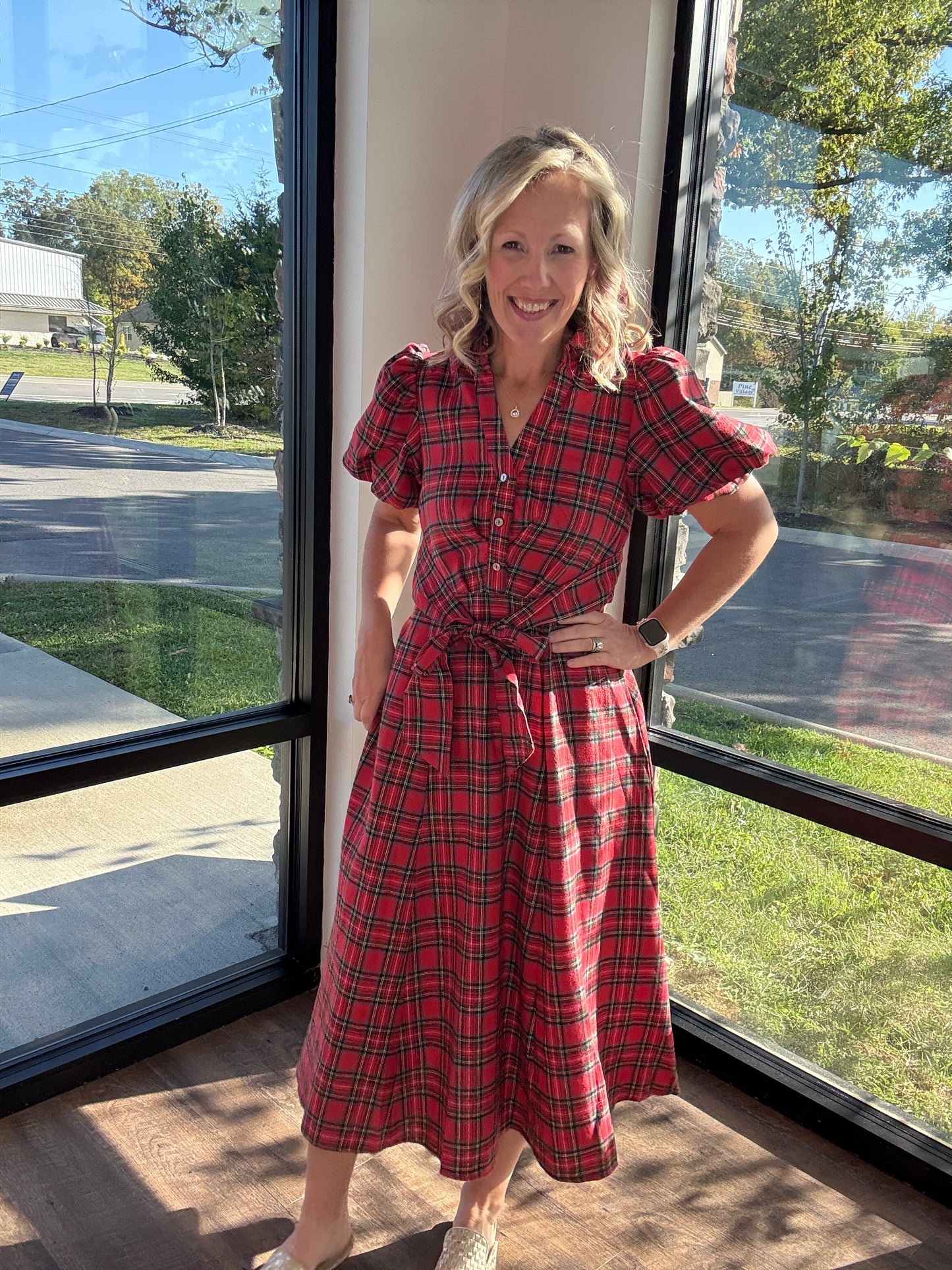 Merry Moments Plaid Dress- Red