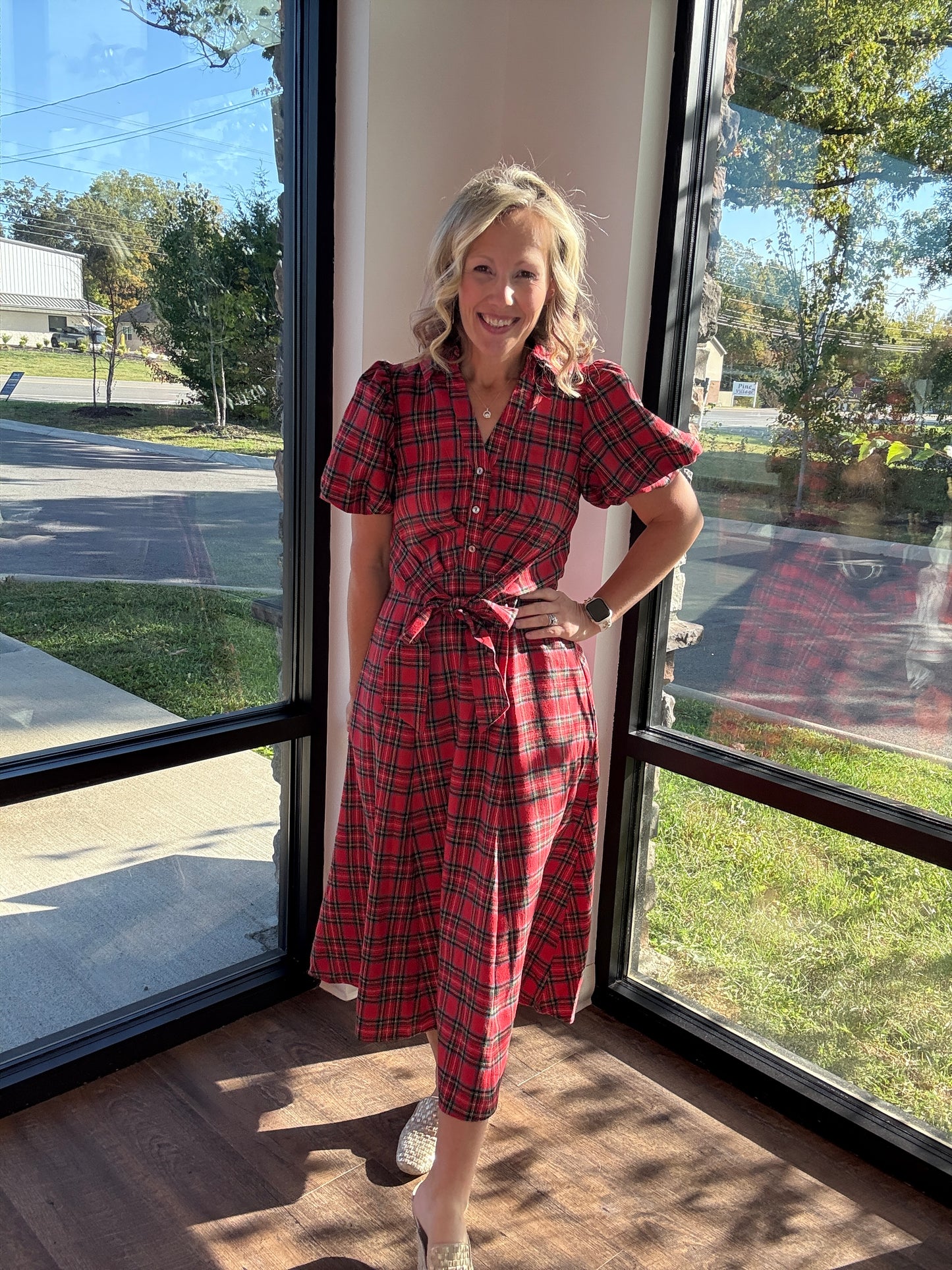 Merry Moments Plaid Dress- Red