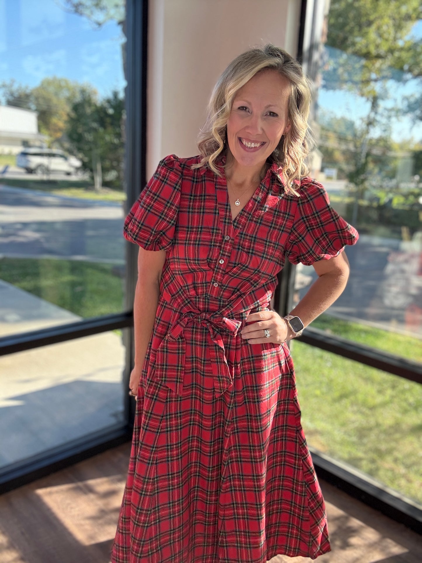 Merry Moments Plaid Dress- Red