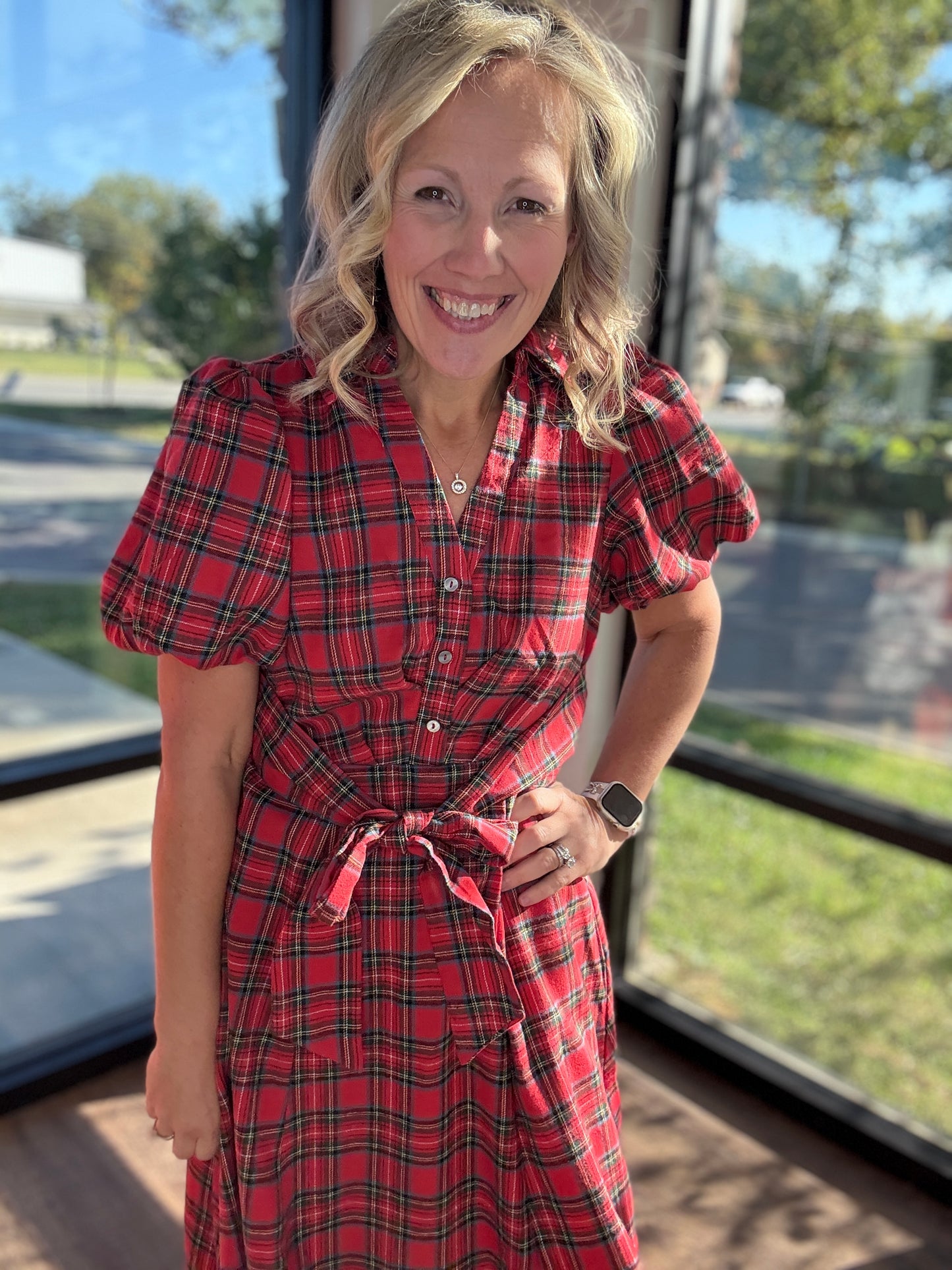 Merry Moments Plaid Dress- Red