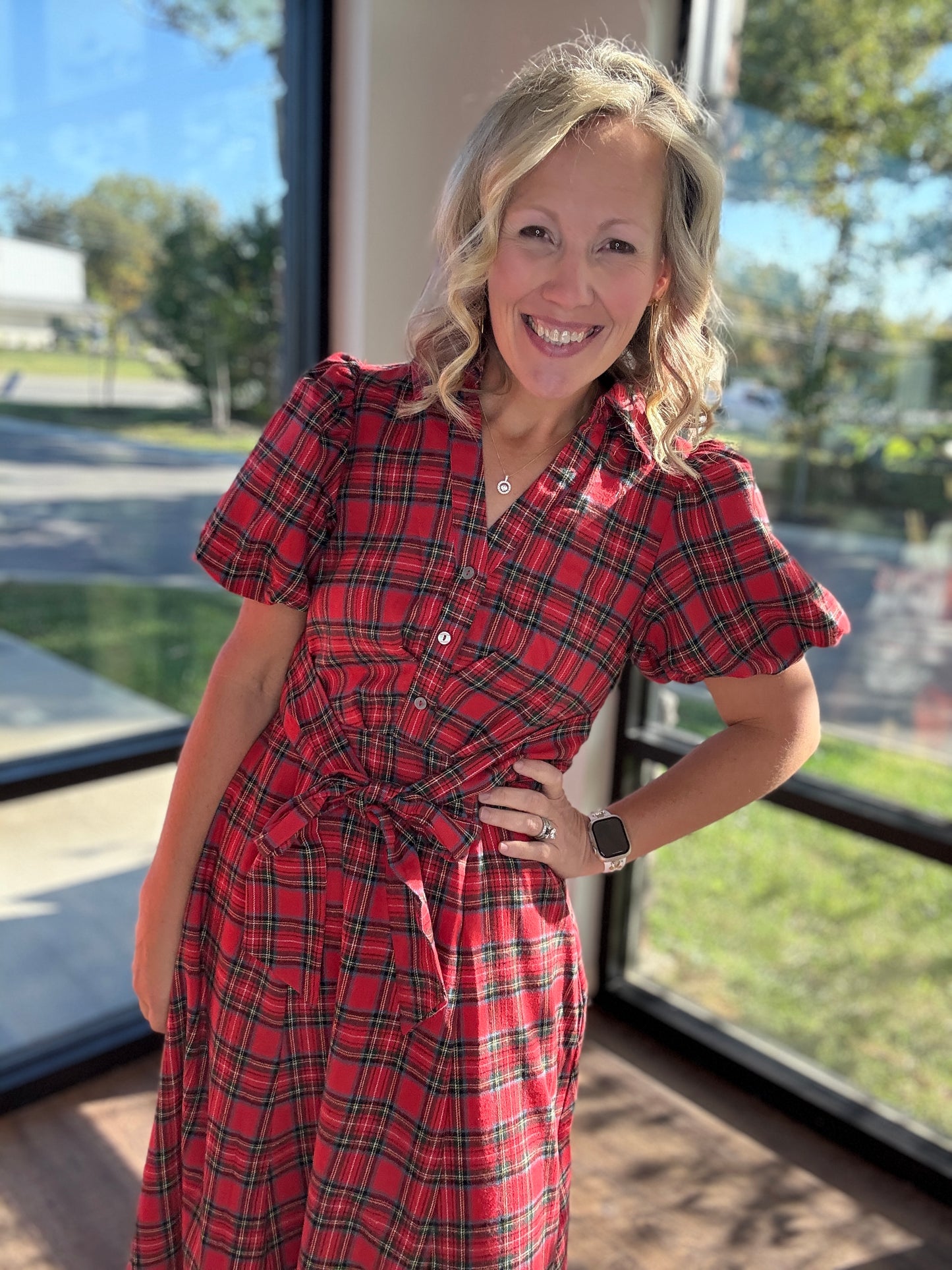 Merry Moments Plaid Dress- Red