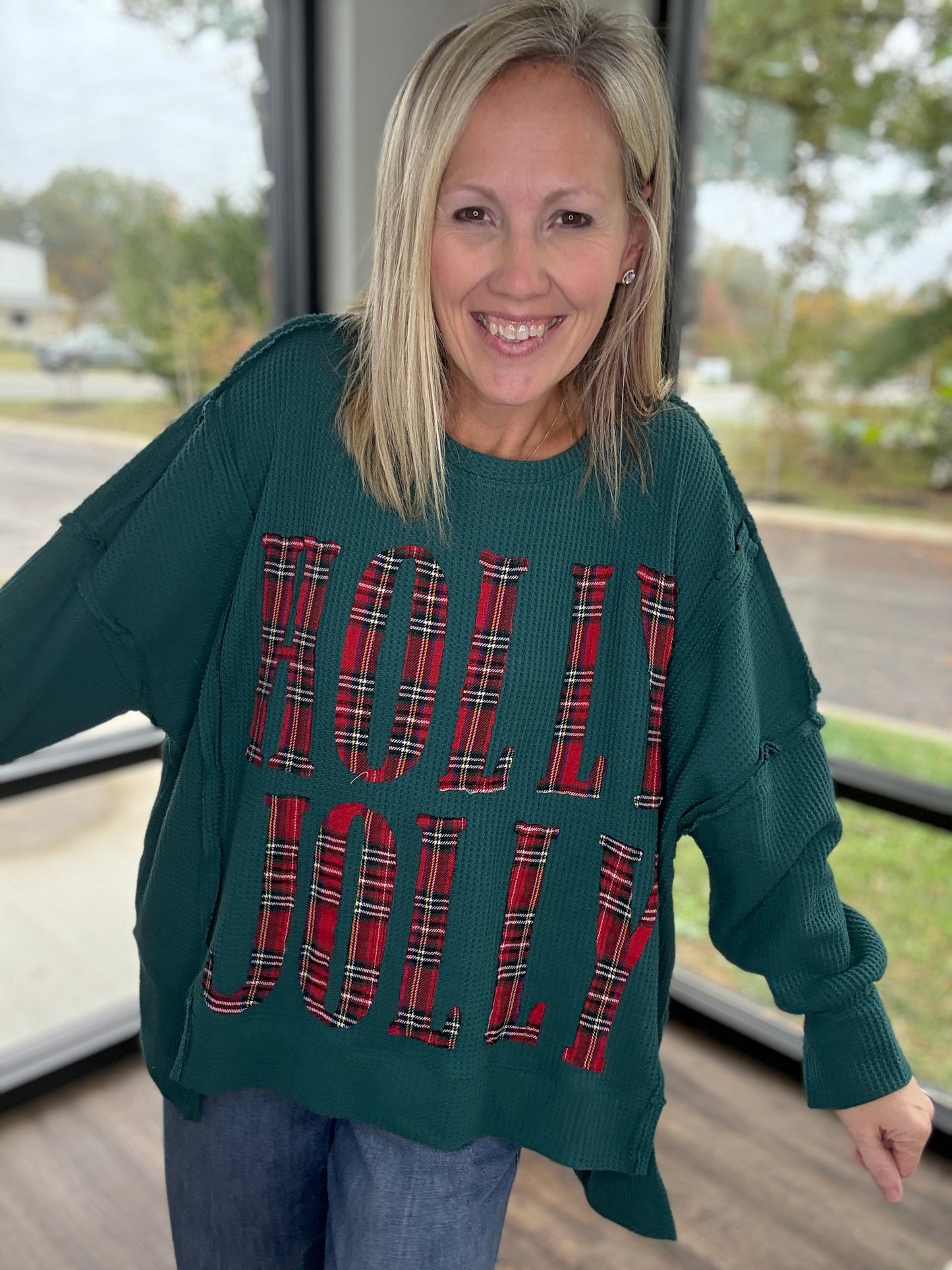 Holly Jolly Plaid Thermal Top- Green