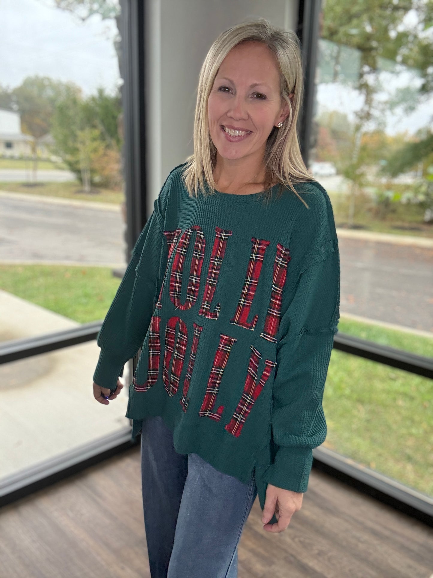 Holly Jolly Plaid Thermal Top- Green