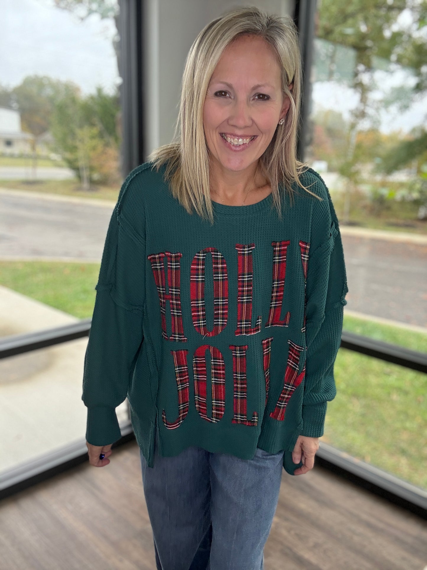 Holly Jolly Plaid Thermal Top- Green