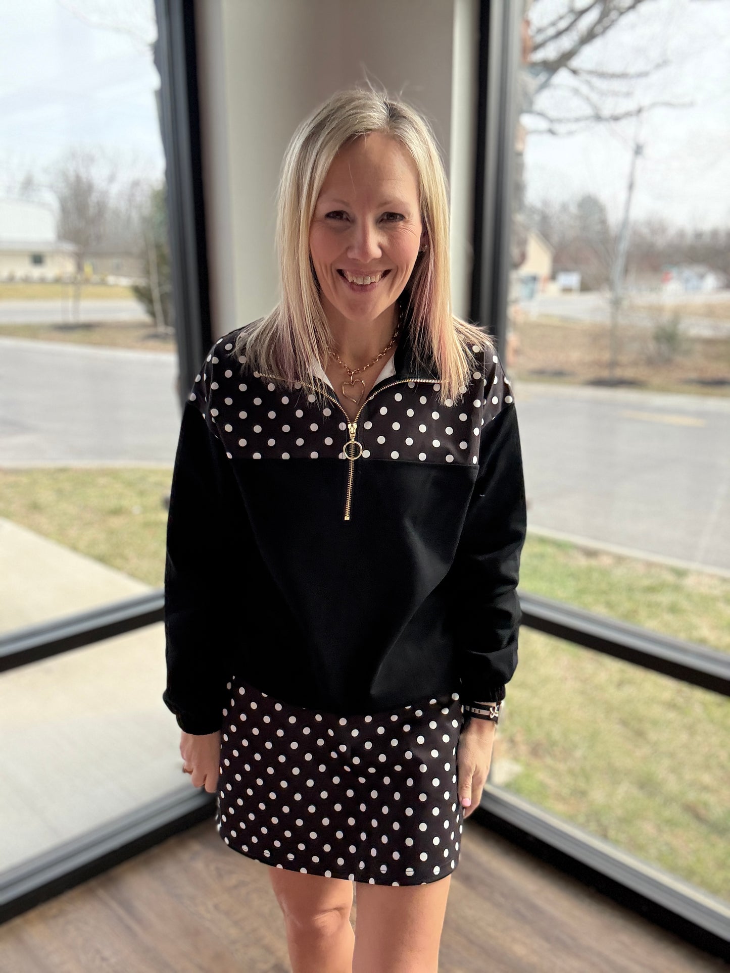 Mia Pullover- Black Polka Dot